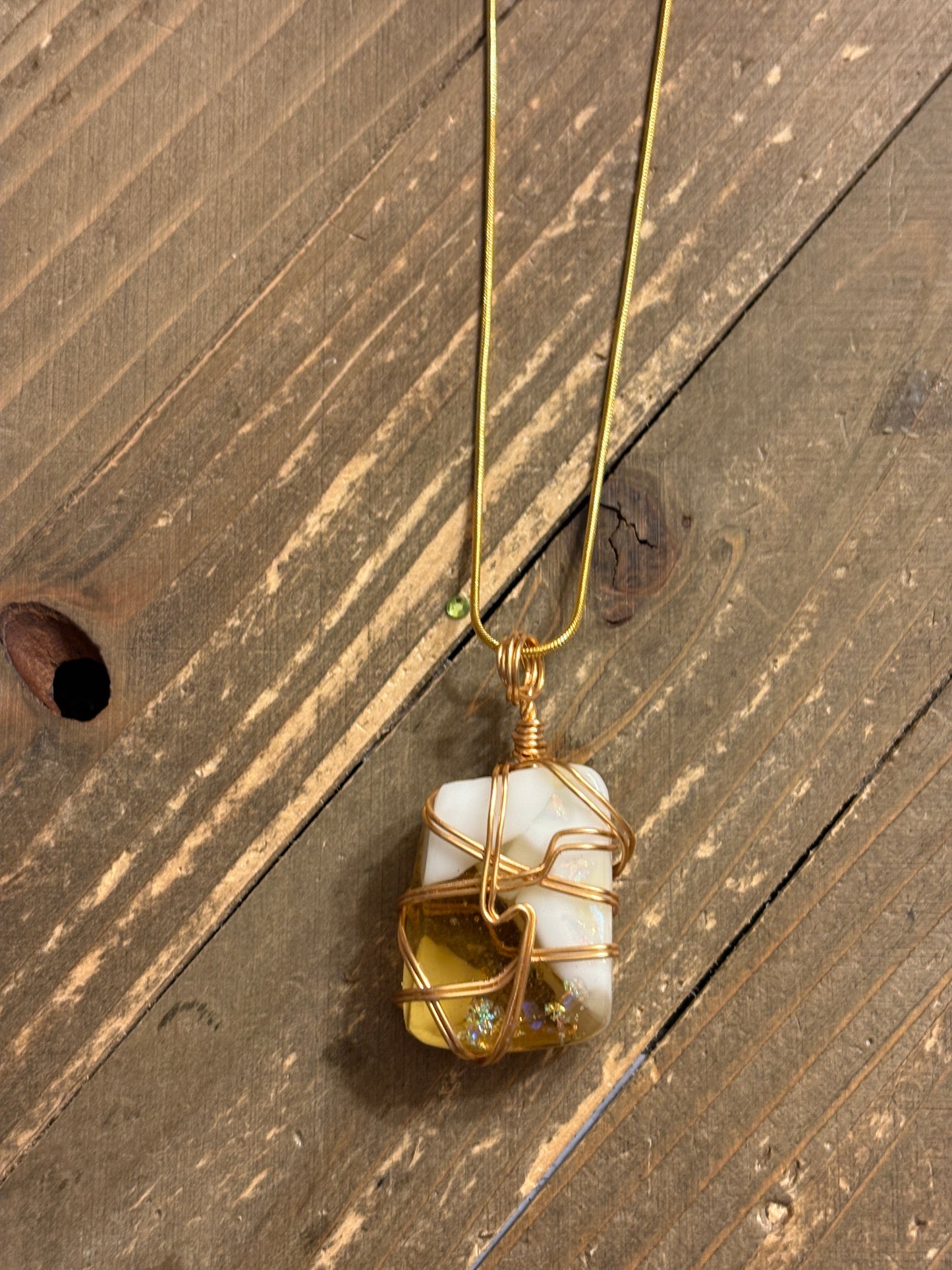Fused Glass Wire Wrapped-white and gold square Shaped Pendant on a gold Chain Necklace