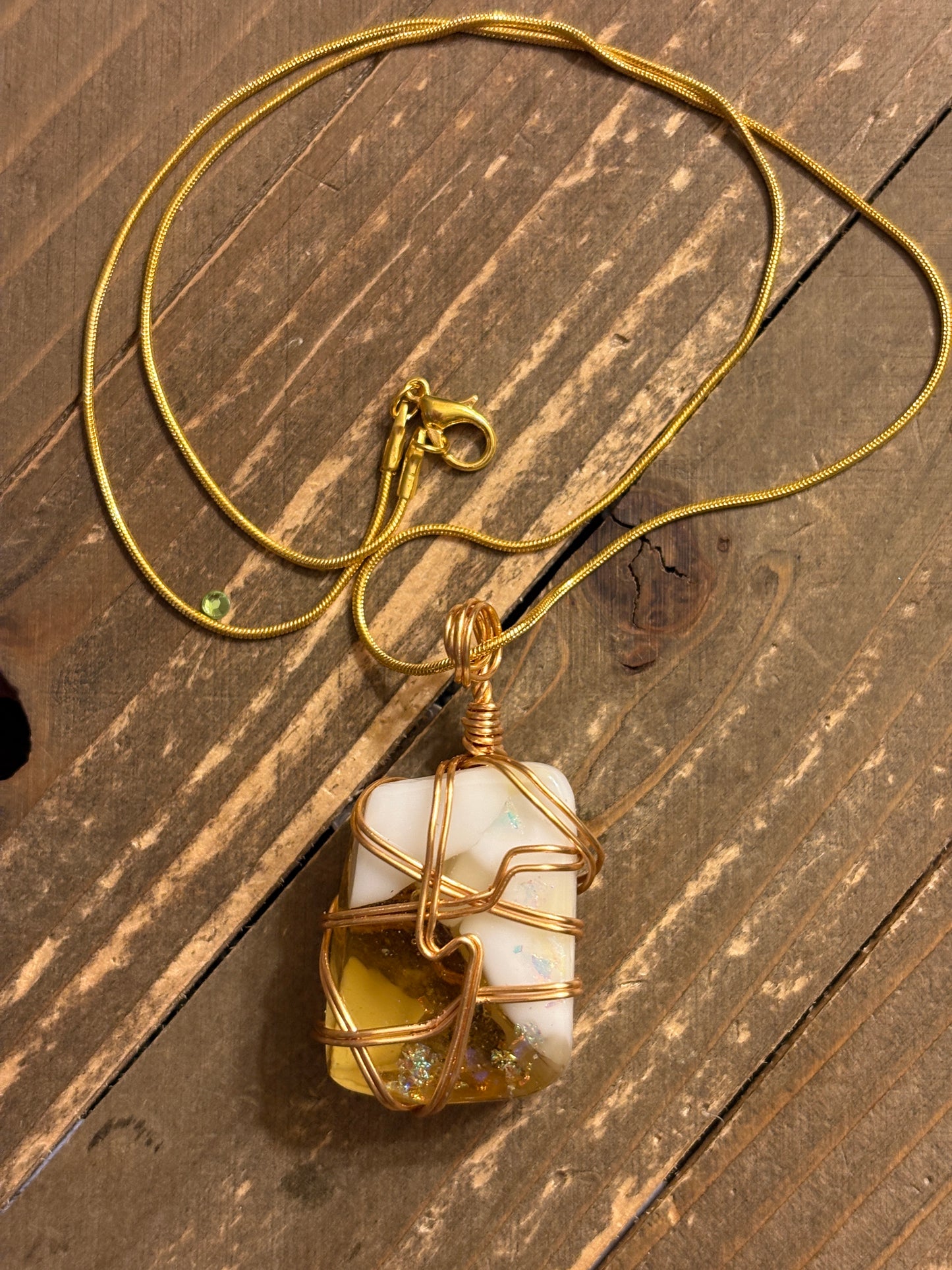 Fused Glass Wire Wrapped-white and gold square Shaped Pendant on a gold Chain Necklace