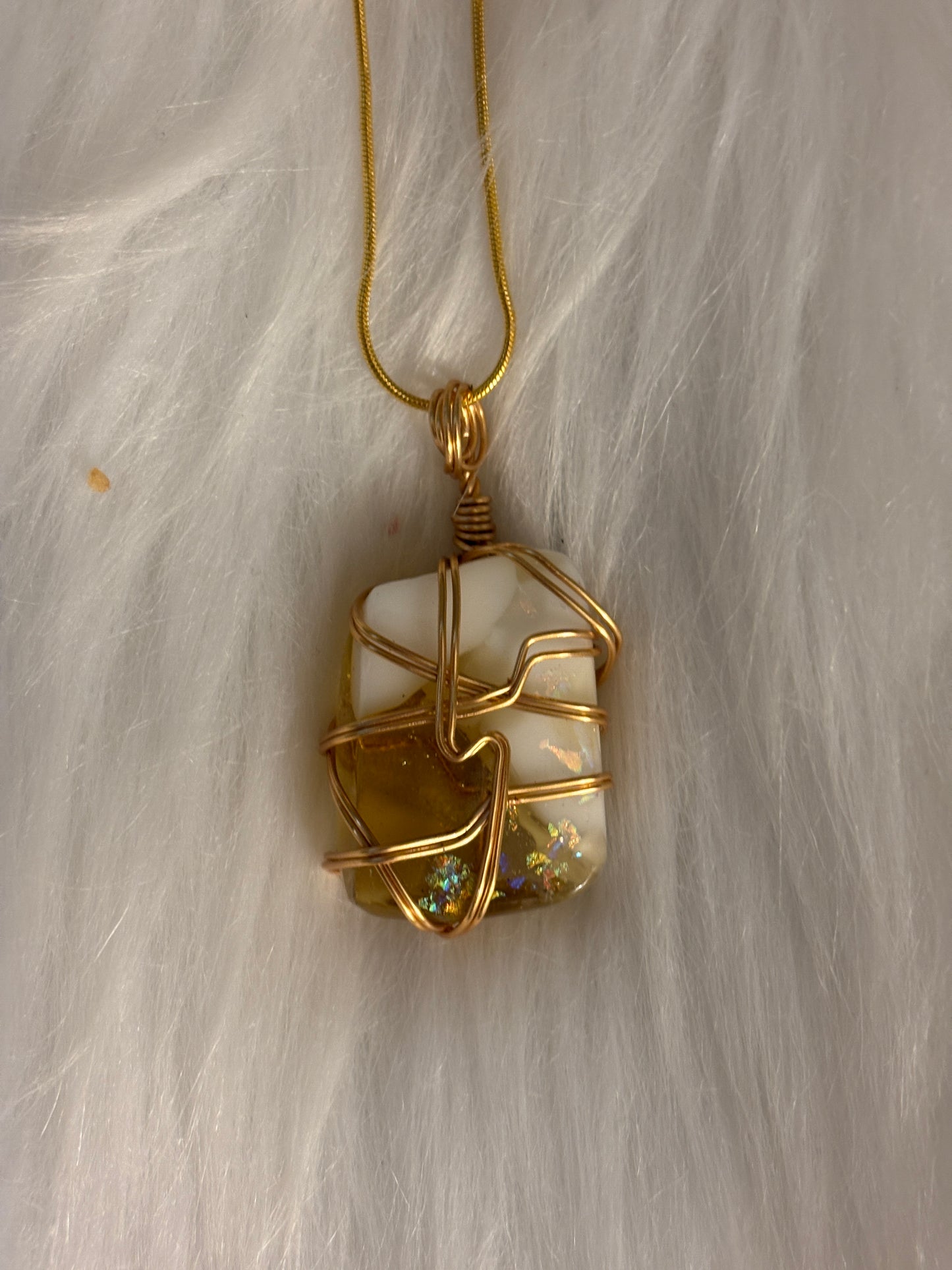 Fused Glass Wire Wrapped-white and gold square Shaped Pendant on a gold Chain Necklace