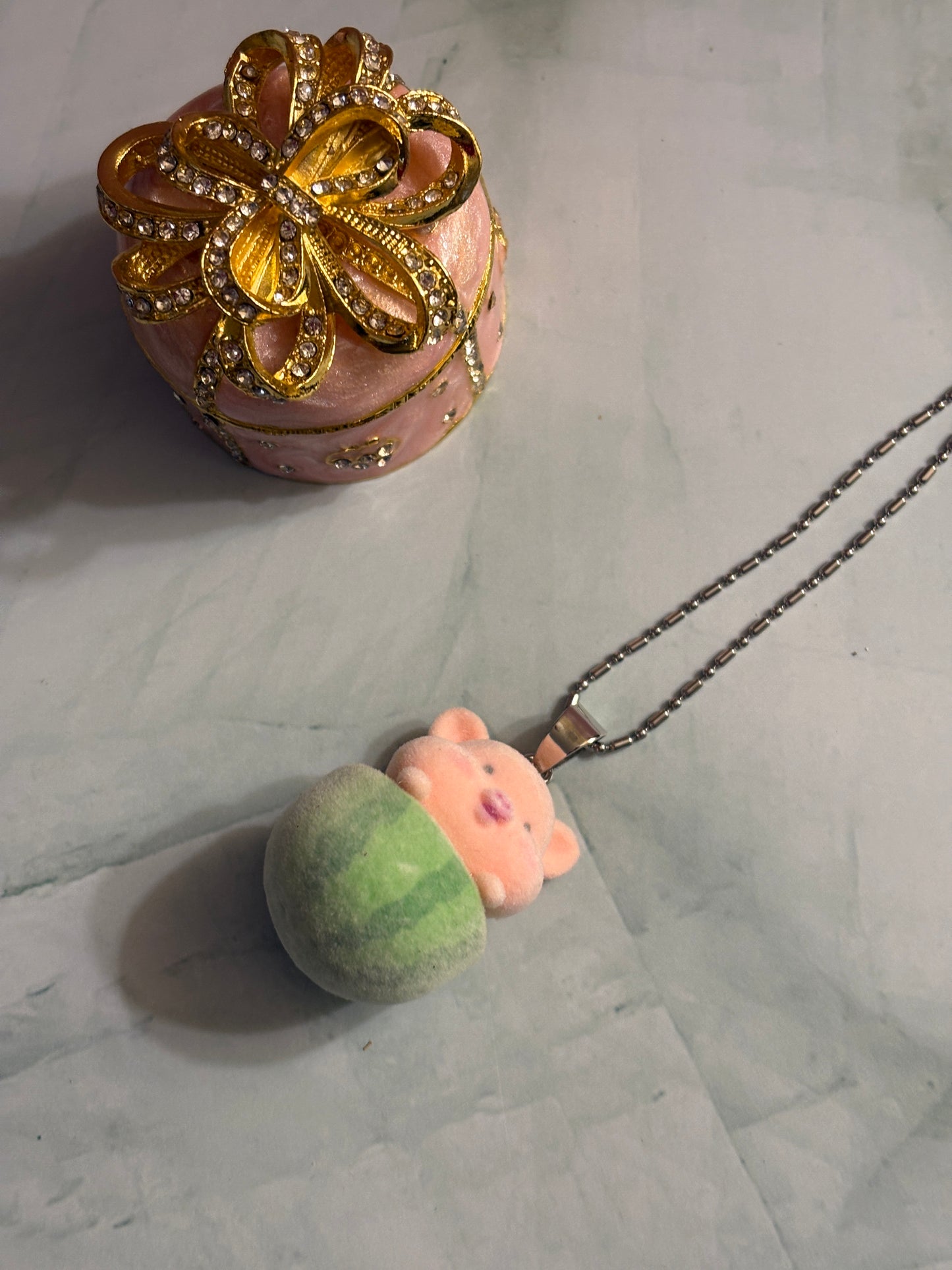 Flocked Pig in a Watermelon Pendant on a dainty silver Chain Necklace