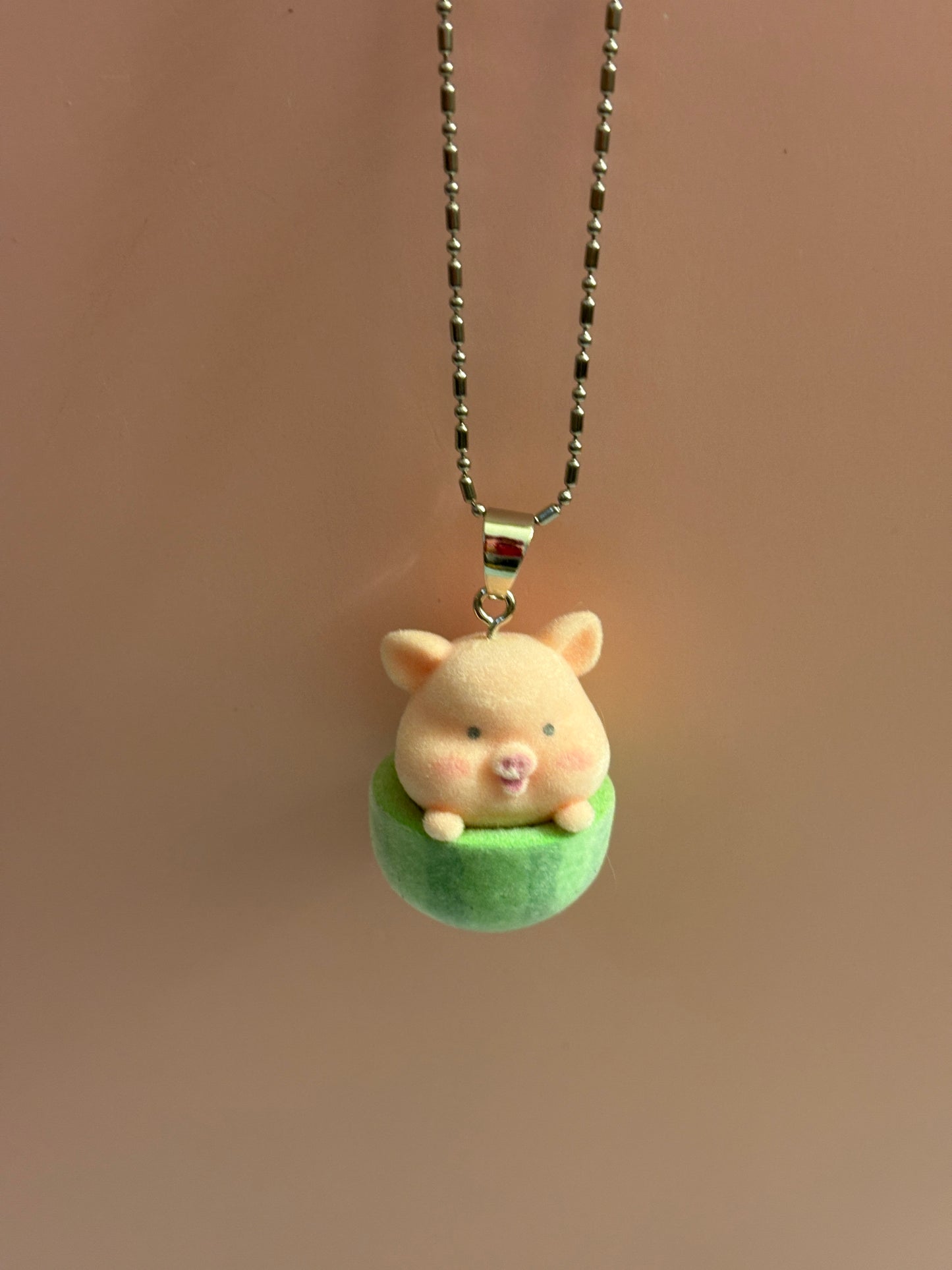 Flocked Pig in a Watermelon Pendant on a dainty silver Chain Necklace
