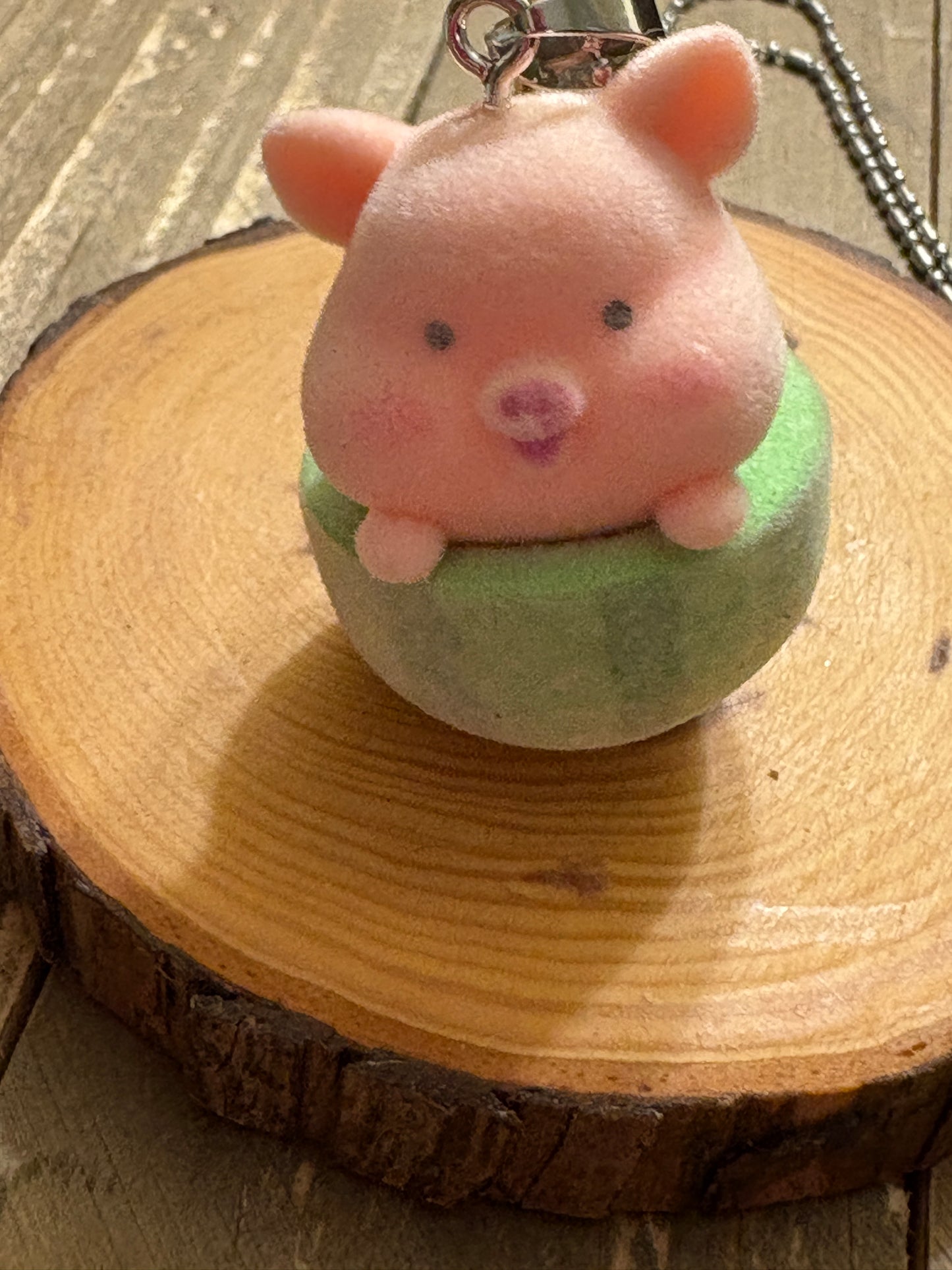 Flocked Pig in a Watermelon Pendant on a dainty silver Chain Necklace