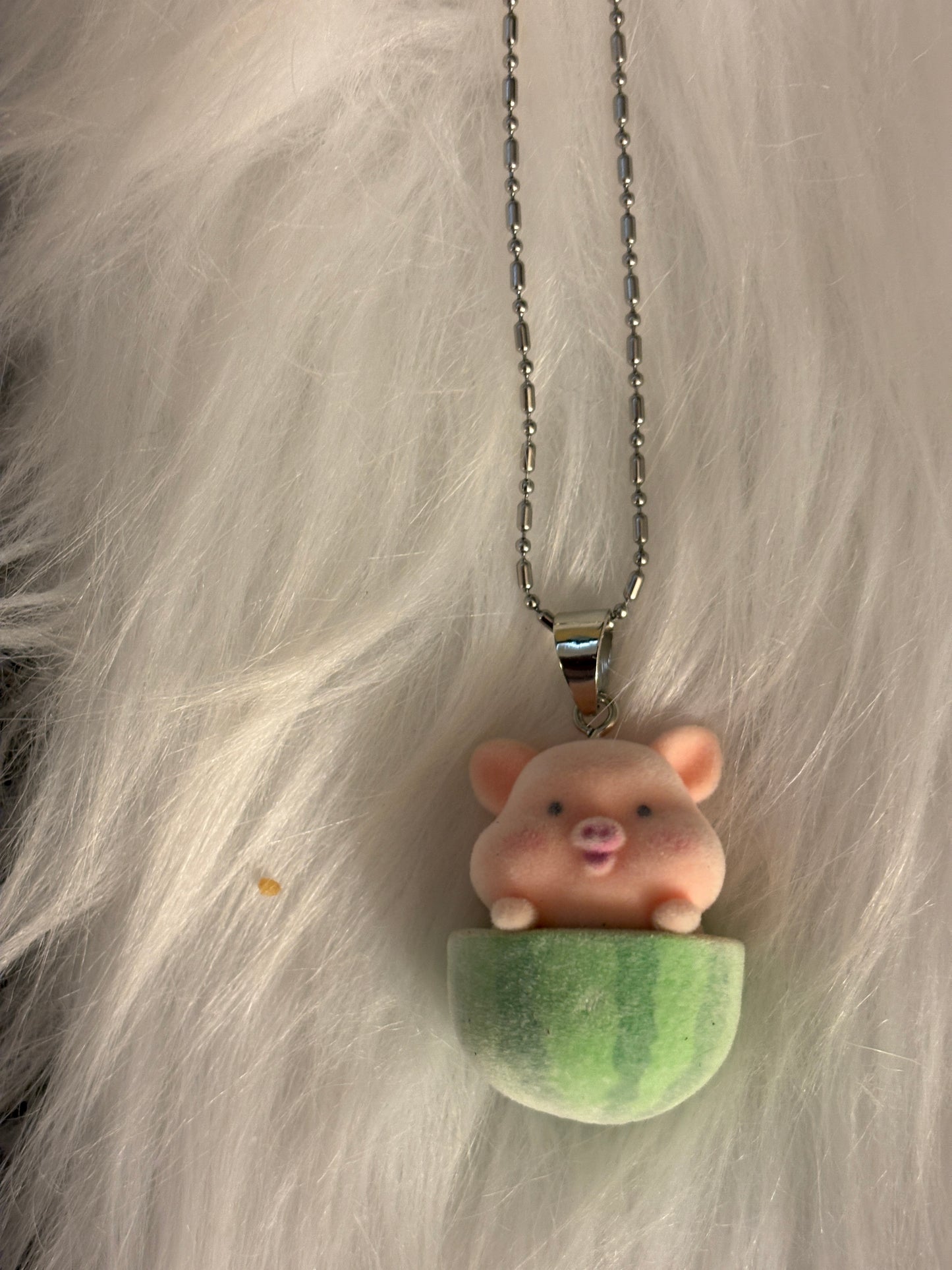 Flocked Pig in a Watermelon Pendant on a dainty silver Chain Necklace