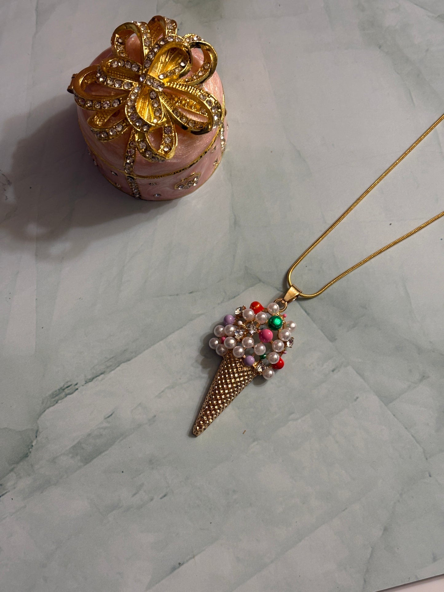 Ice Cream Rhinestone and Plastic Pearl Pendant on a Gold chain Necklace