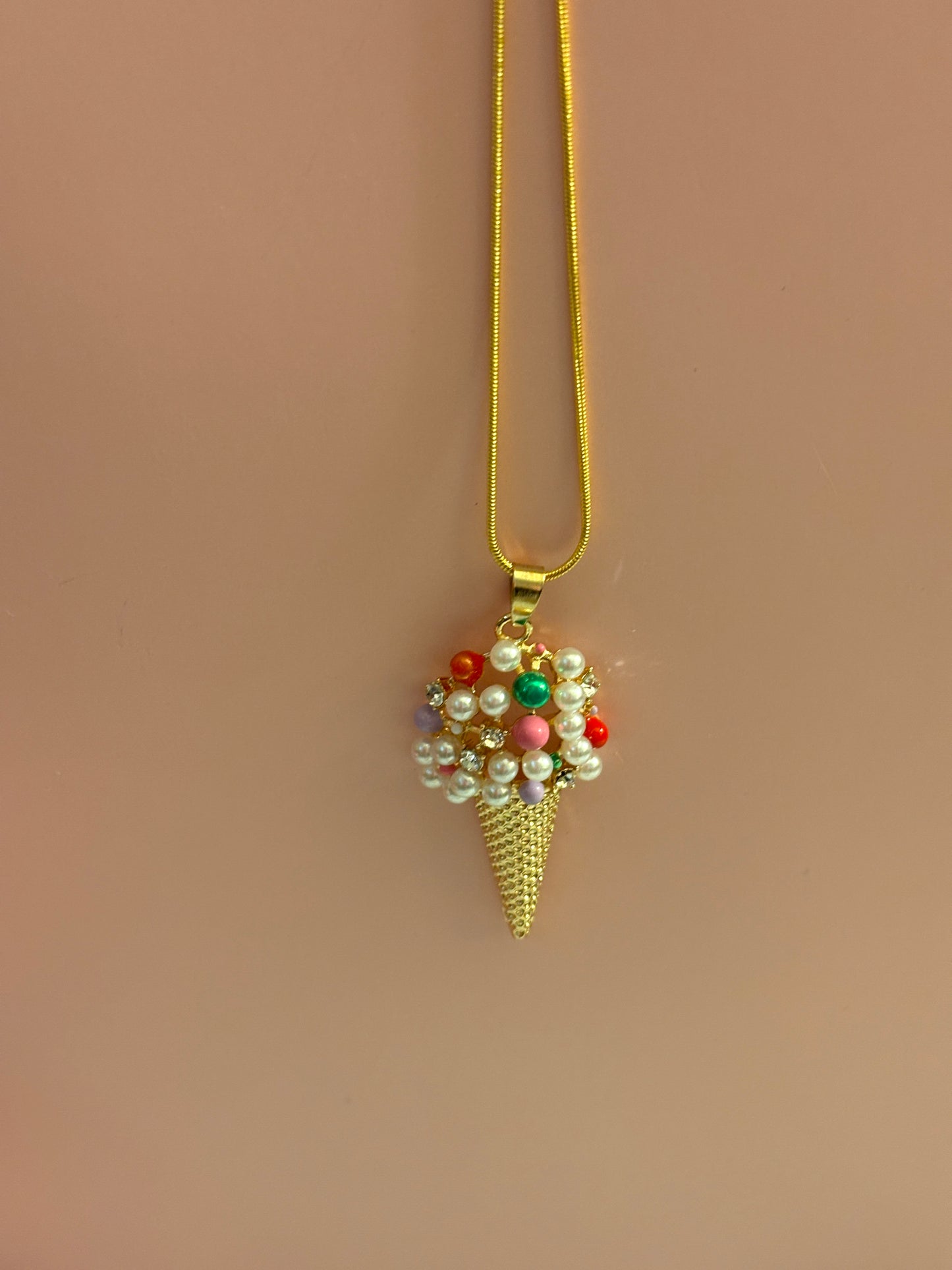 Ice Cream Rhinestone and Plastic Pearl Pendant on a Gold chain Necklace