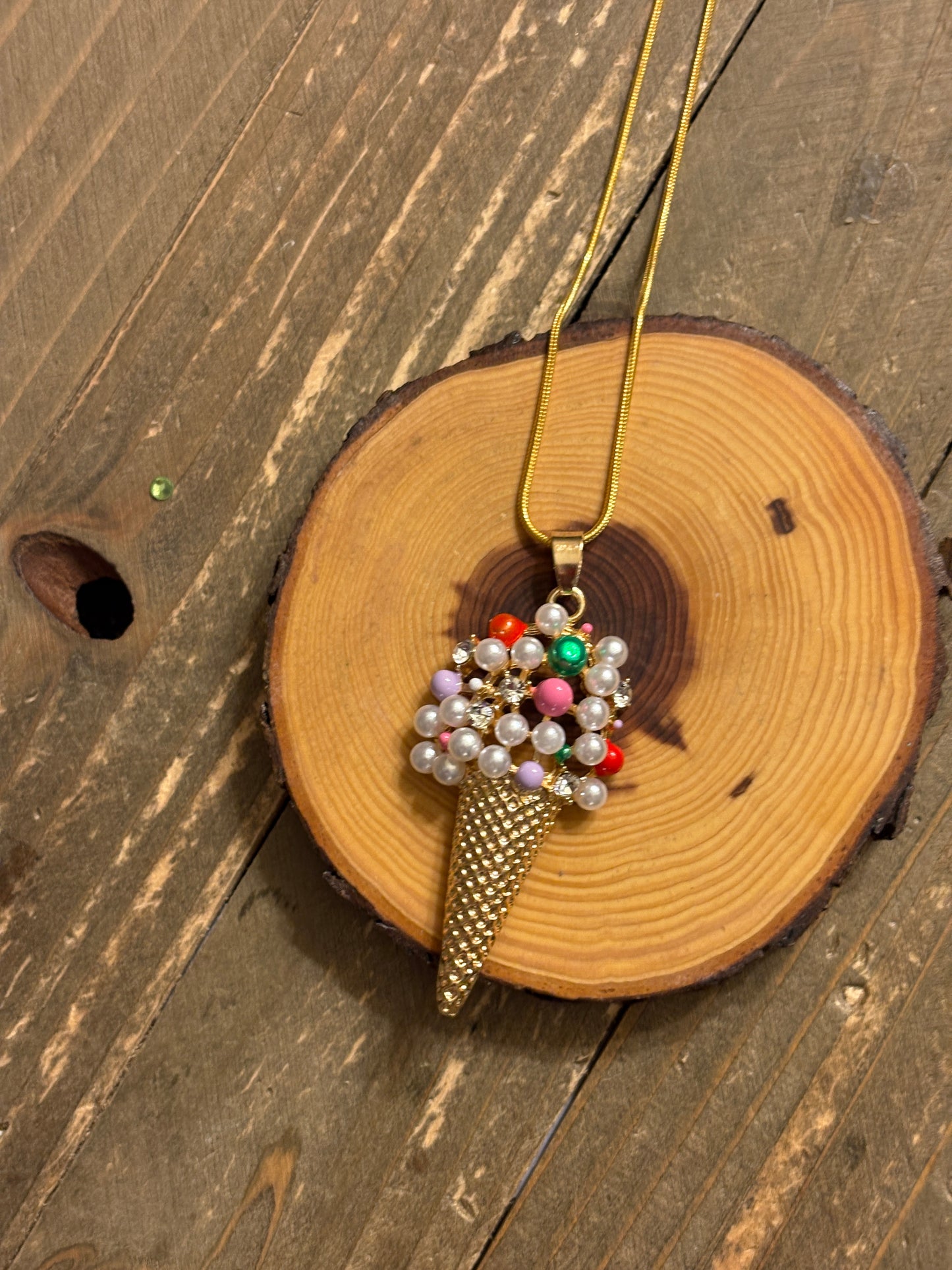 Ice Cream Rhinestone and Plastic Pearl Pendant on a Gold chain Necklace