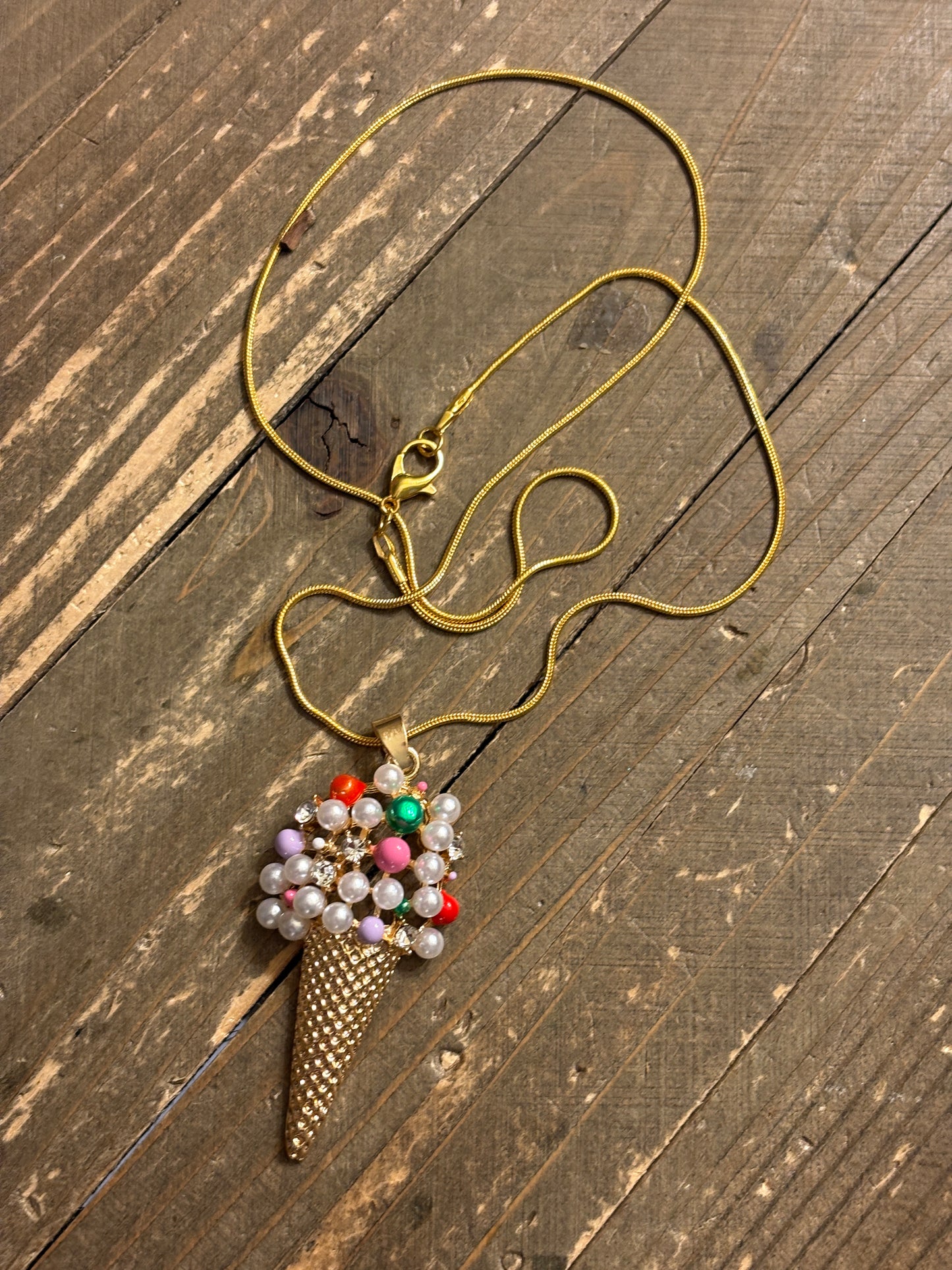 Ice Cream Rhinestone and Plastic Pearl Pendant on a Gold chain Necklace