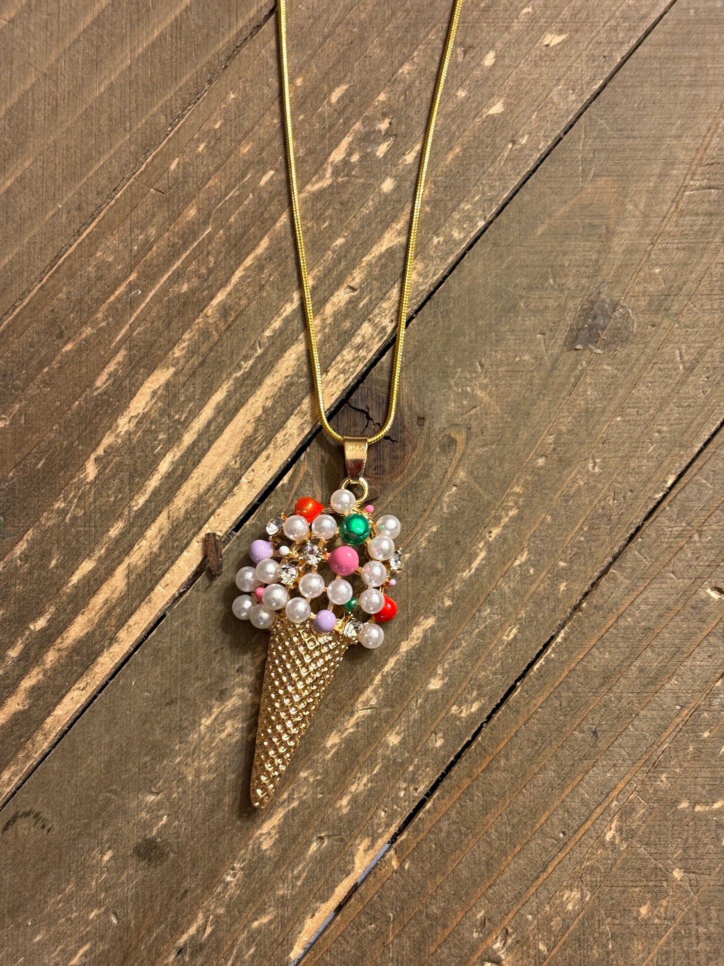 Ice Cream Rhinestone and Plastic Pearl Pendant on a Gold chain Necklace