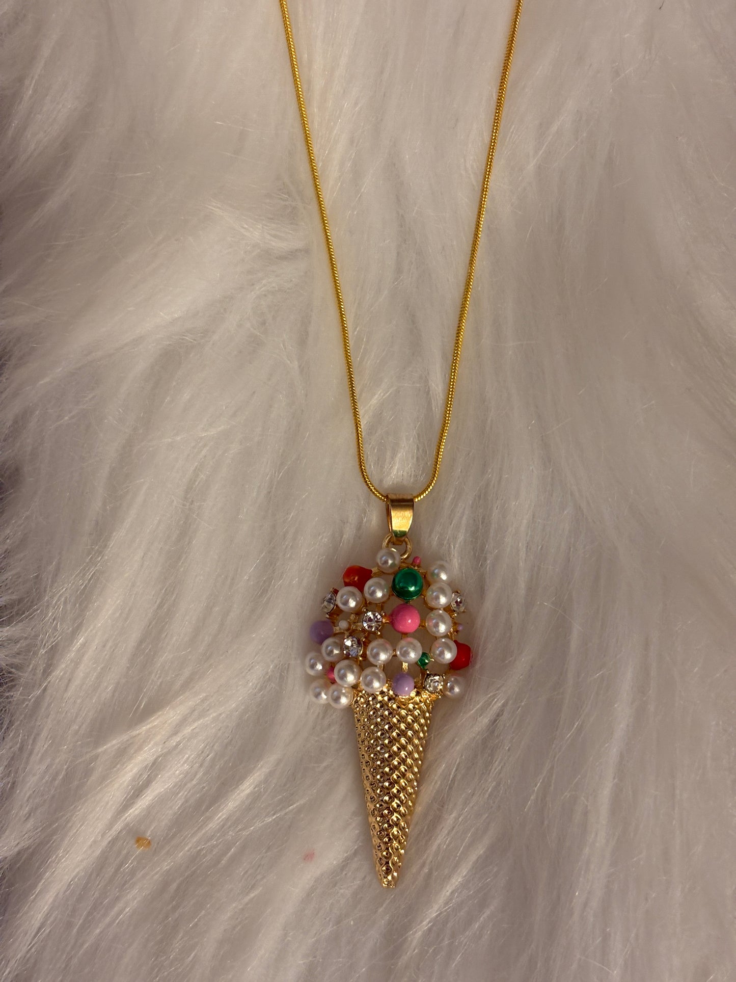 Ice Cream Rhinestone and Plastic Pearl Pendant on a Gold chain Necklace