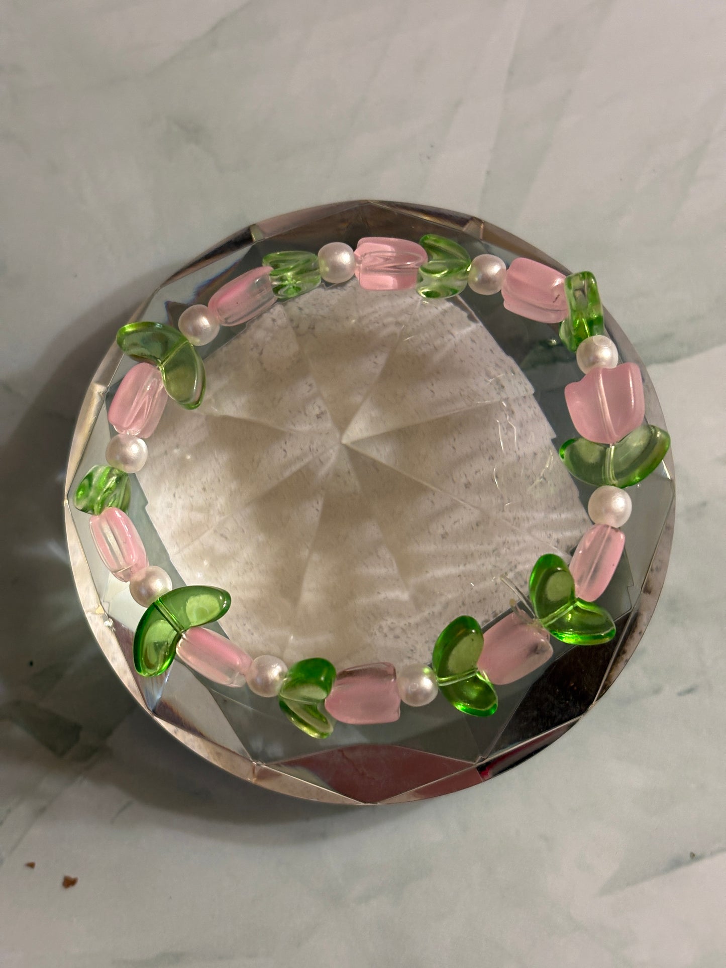 Pink Tulip Coated Glass Beaded Bracelet