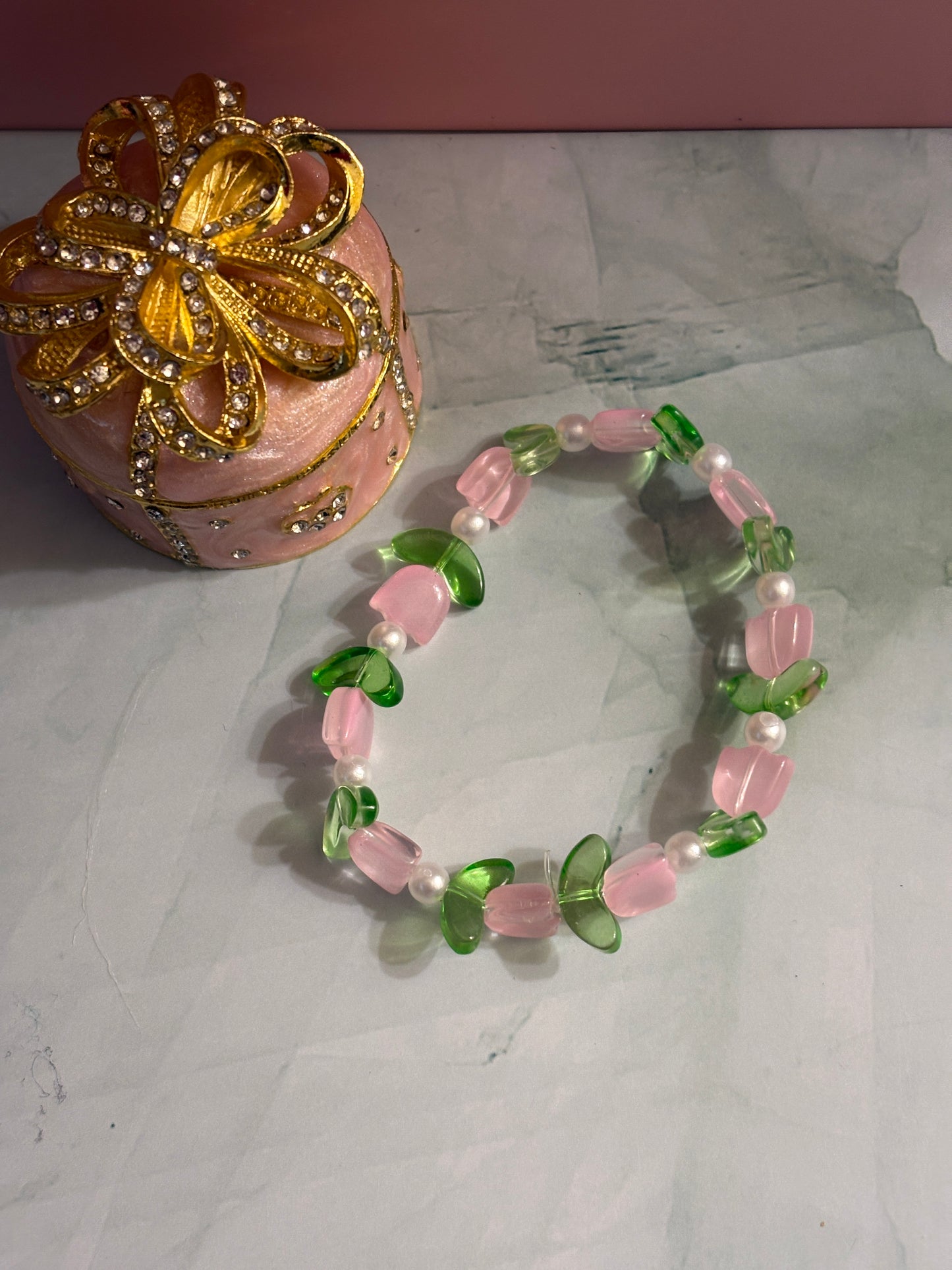 Pink Tulip Coated Glass Beaded Bracelet
