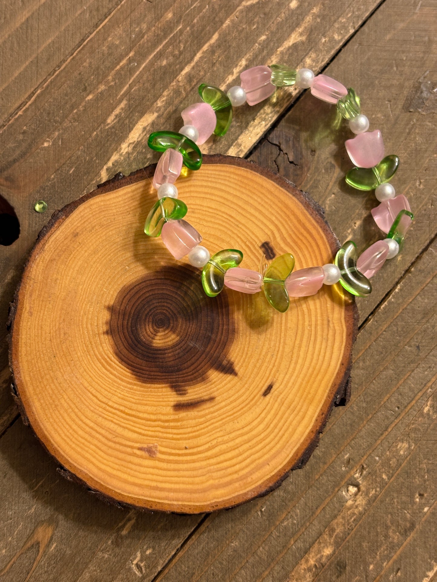 Pink Tulip Coated Glass Beaded Bracelet
