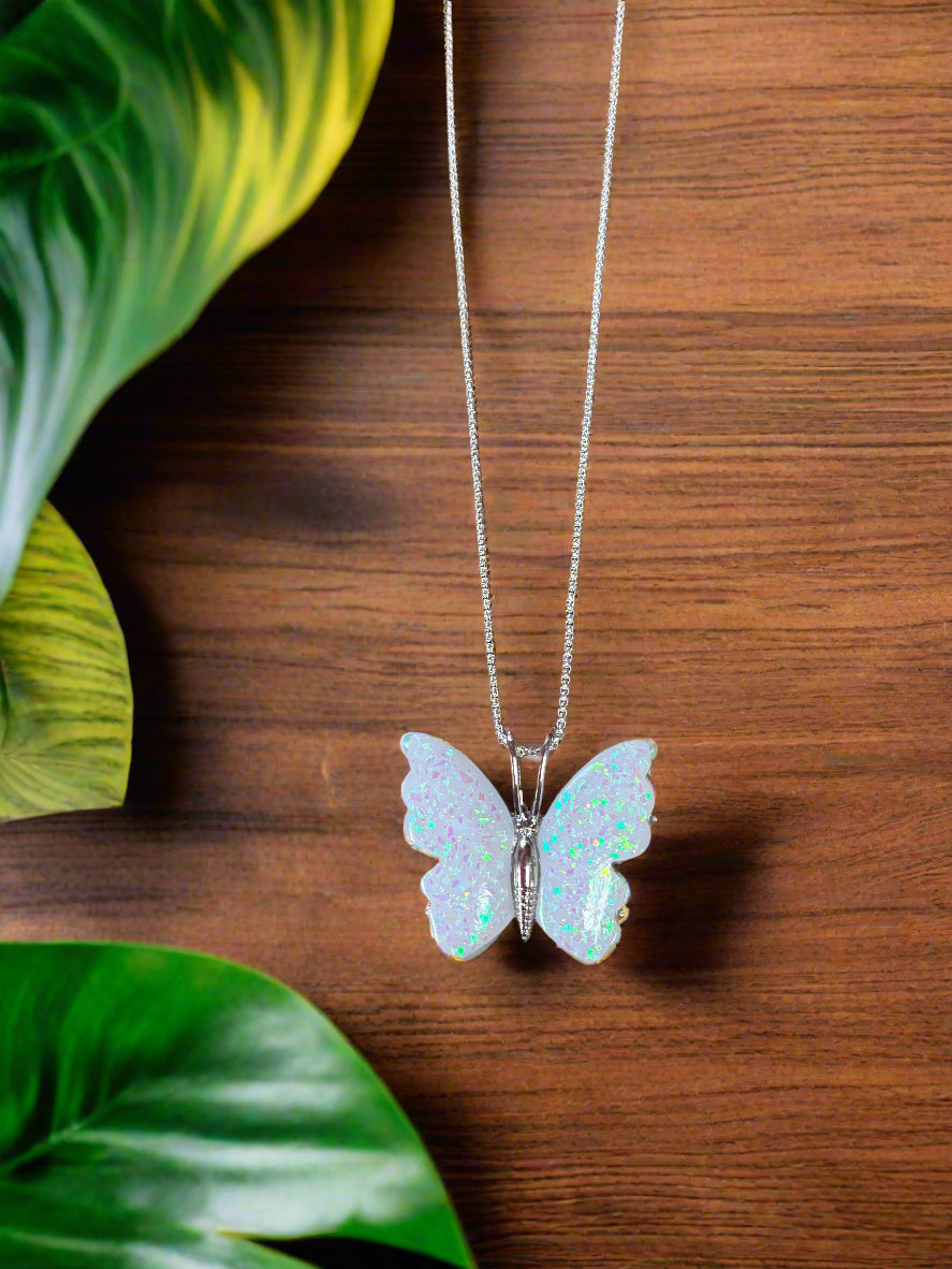 Iridescent Butterfly Pendant on a Silver chain Necklace
