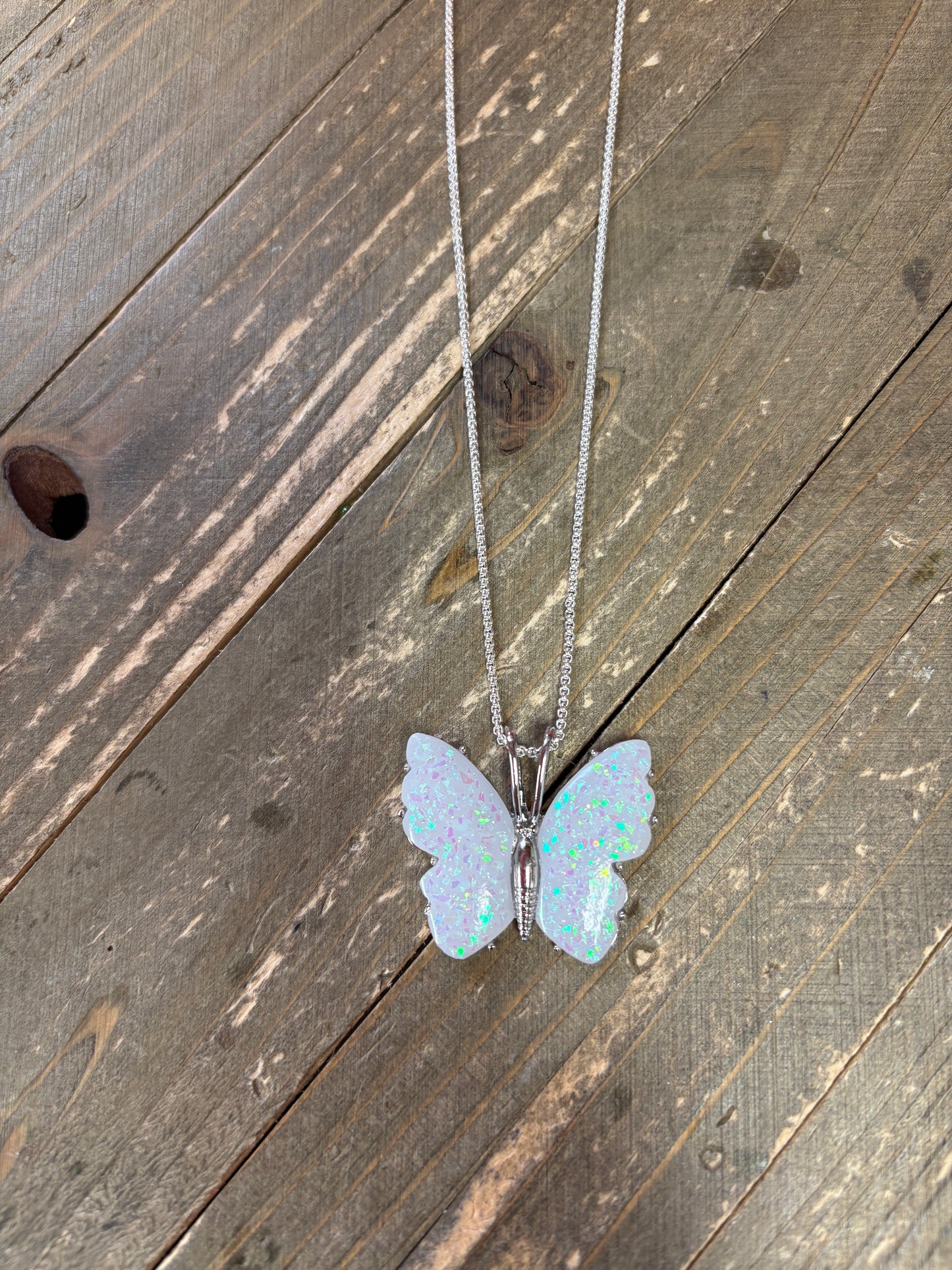 Iridescent Butterfly Pendant on a Silver chain Necklace