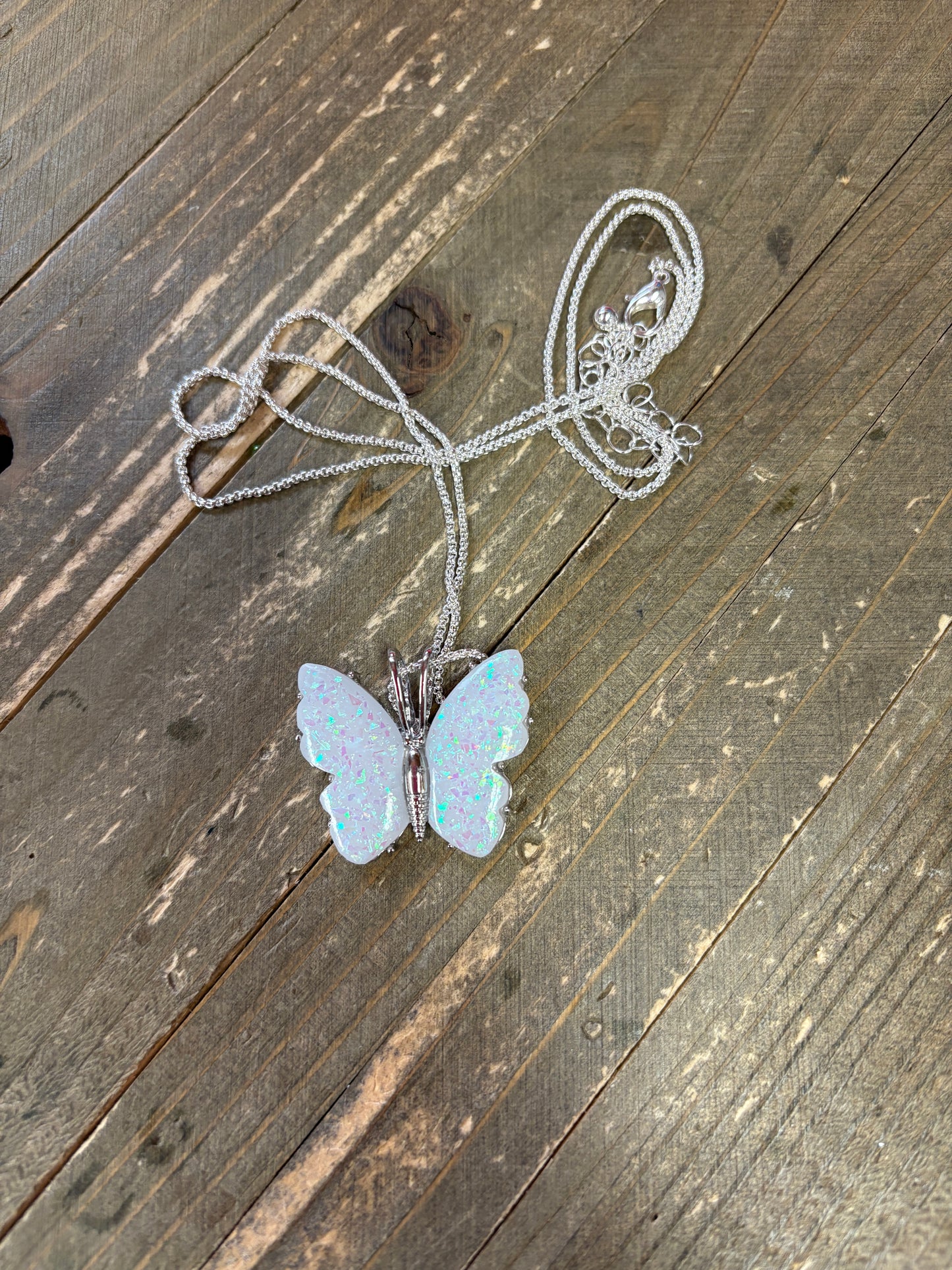 Iridescent Butterfly Pendant on a Silver chain Necklace