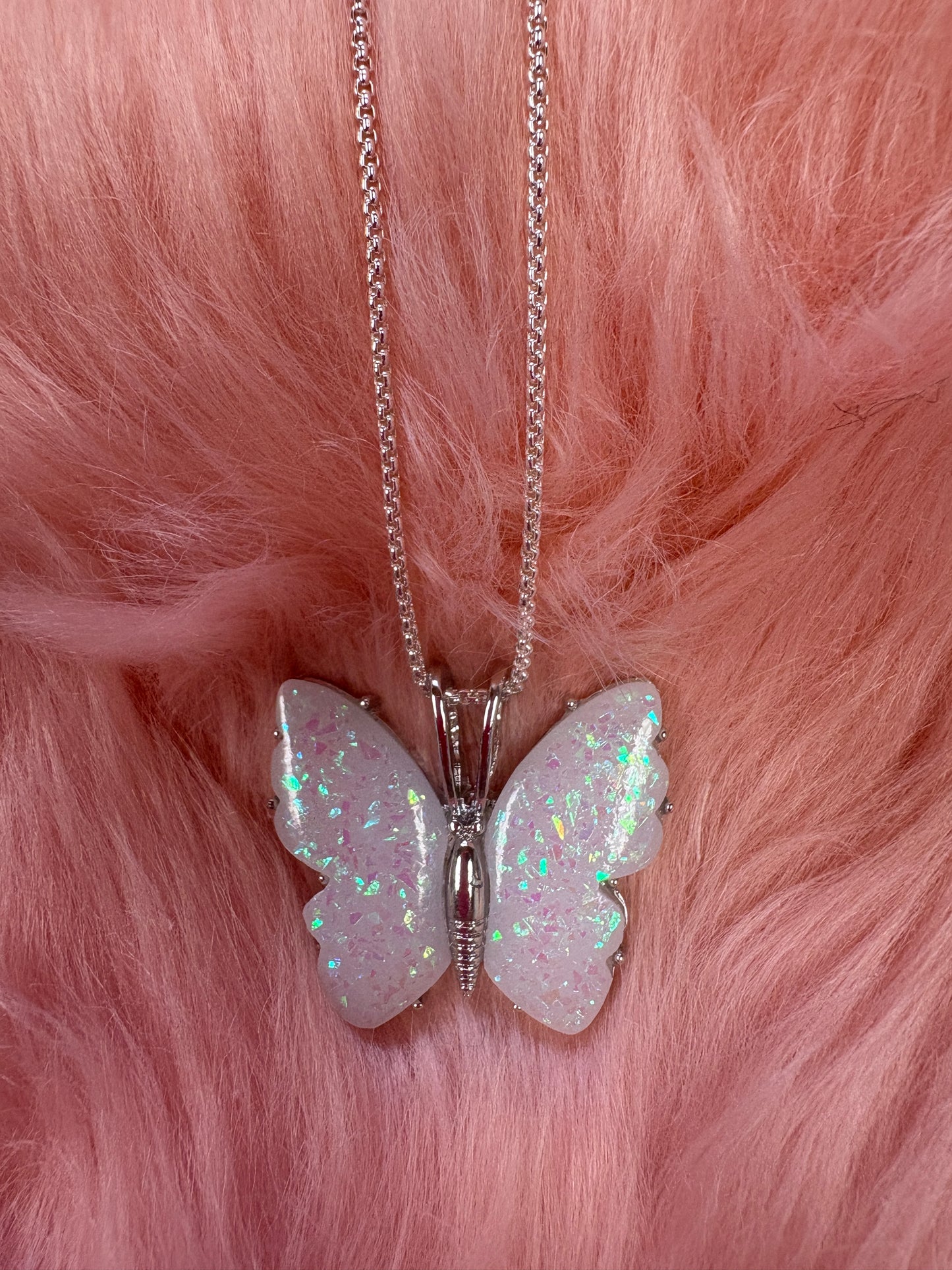 Iridescent Butterfly Pendant on a Silver chain Necklace