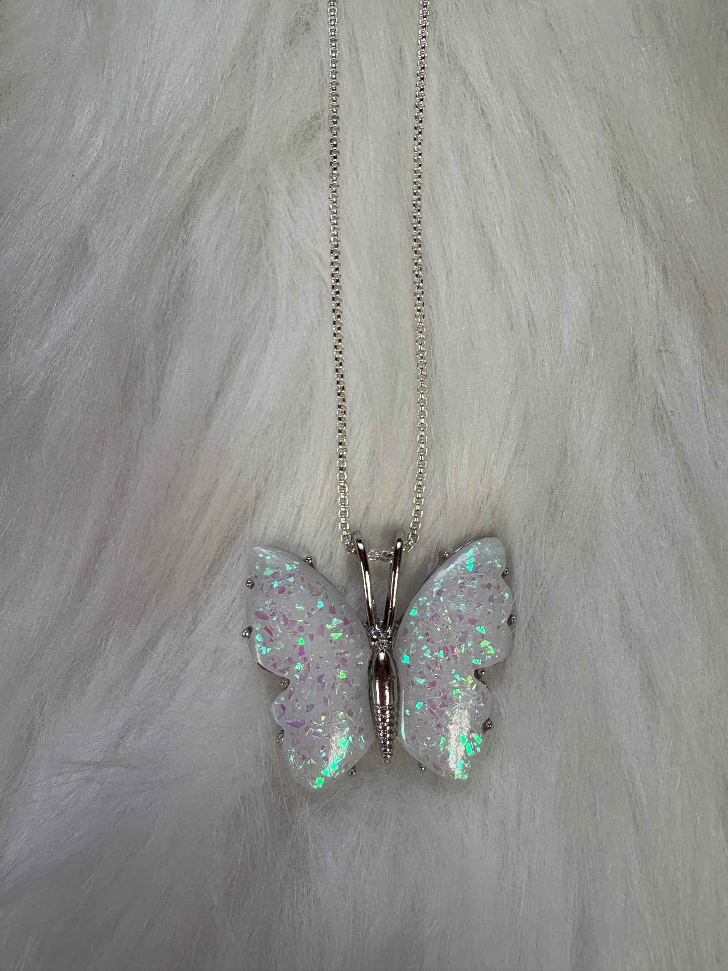 Iridescent Butterfly Pendant on a Silver chain Necklace