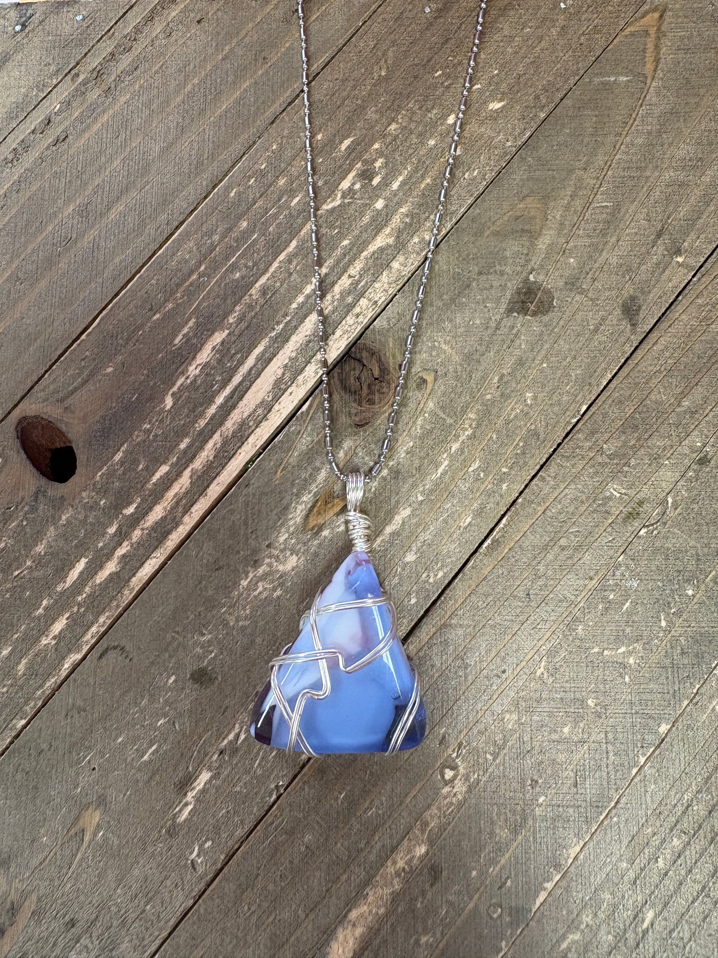 Fused Glass Wire Wrapped-blue triangle Shaped Pendant on a silver Chain Necklace