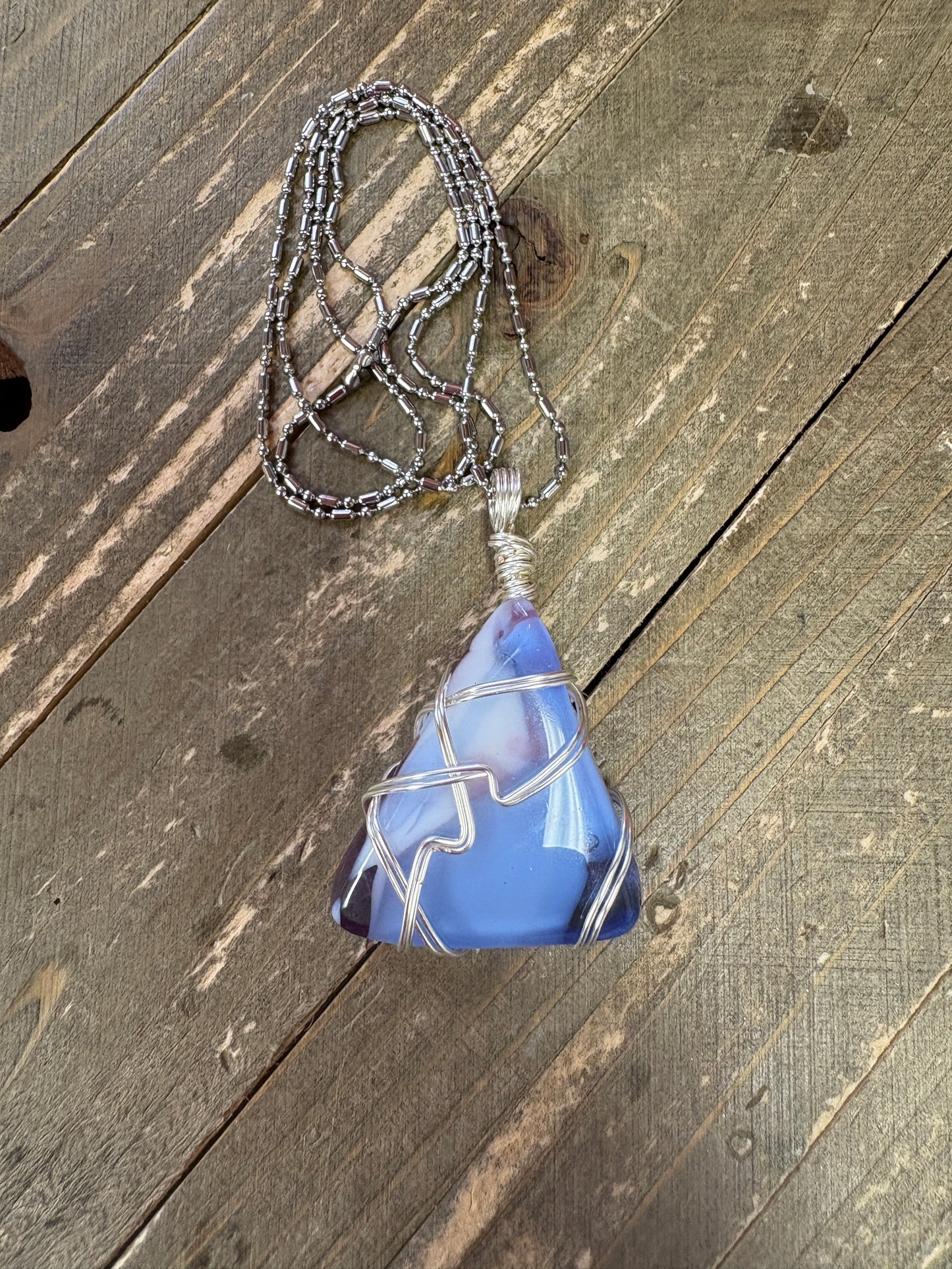 Fused Glass Wire Wrapped-blue triangle Shaped Pendant on a silver Chain Necklace