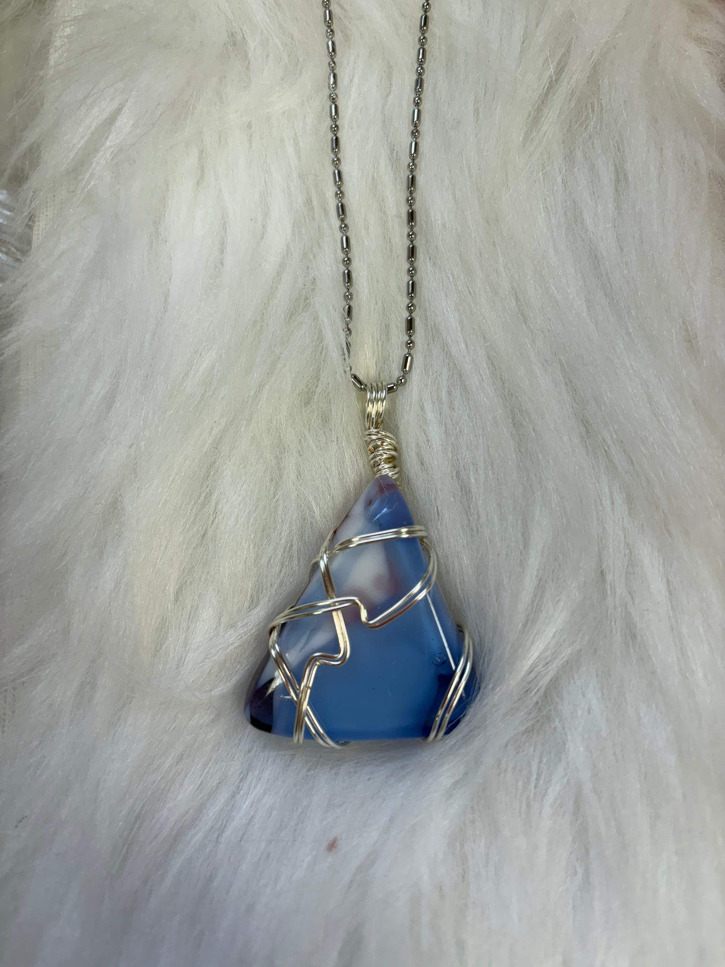 Fused Glass Wire Wrapped-blue triangle Shaped Pendant on a silver Chain Necklace