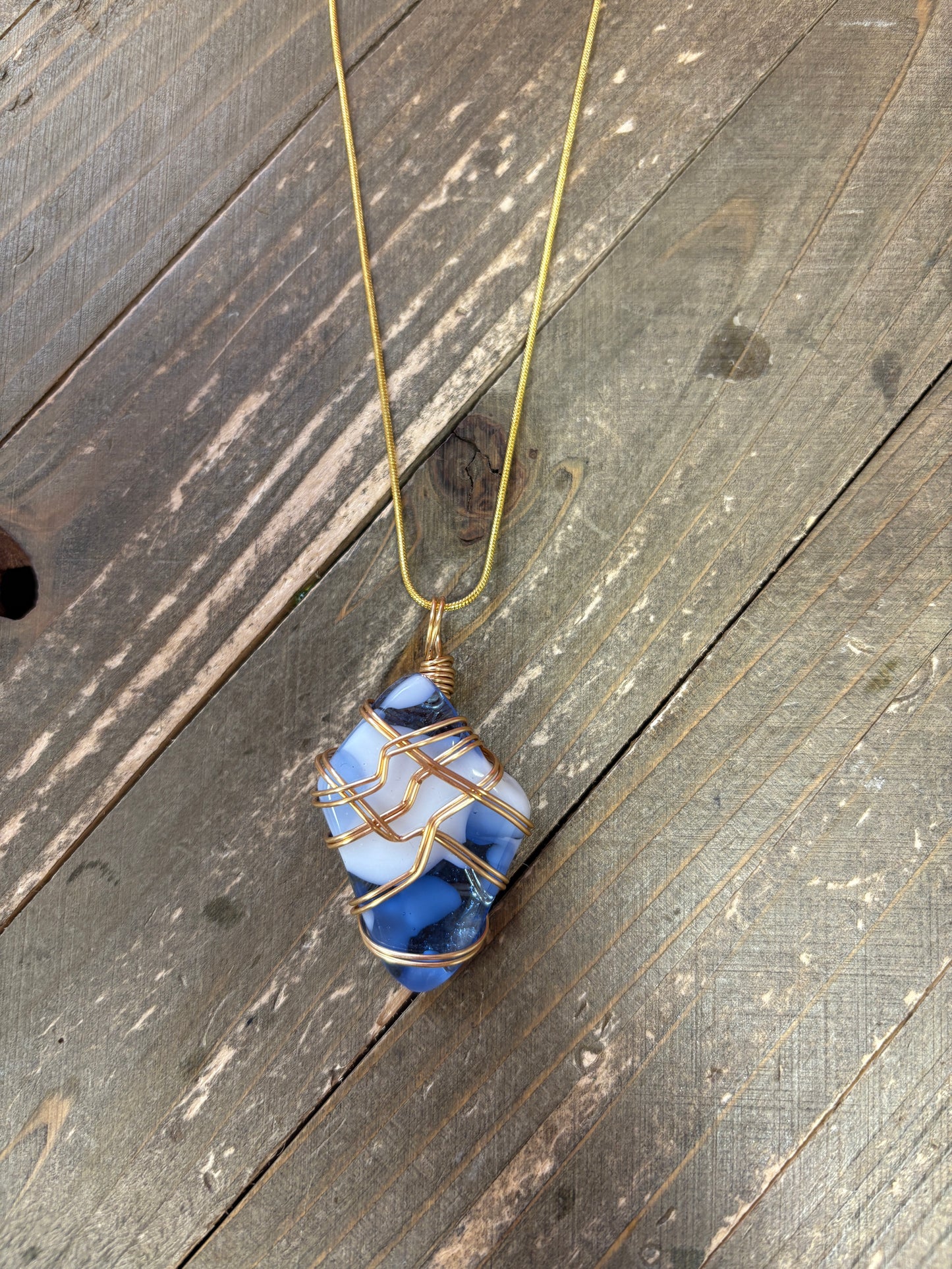 Fused Glass Wire Wrapped-blue and White diamon Shaped Pendant on a gold Chain Necklace (Copy)