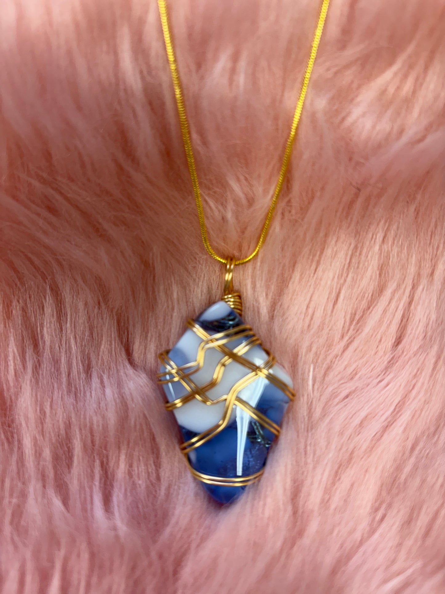 Fused Glass Wire Wrapped-blue and White diamon Shaped Pendant on a gold Chain Necklace (Copy)