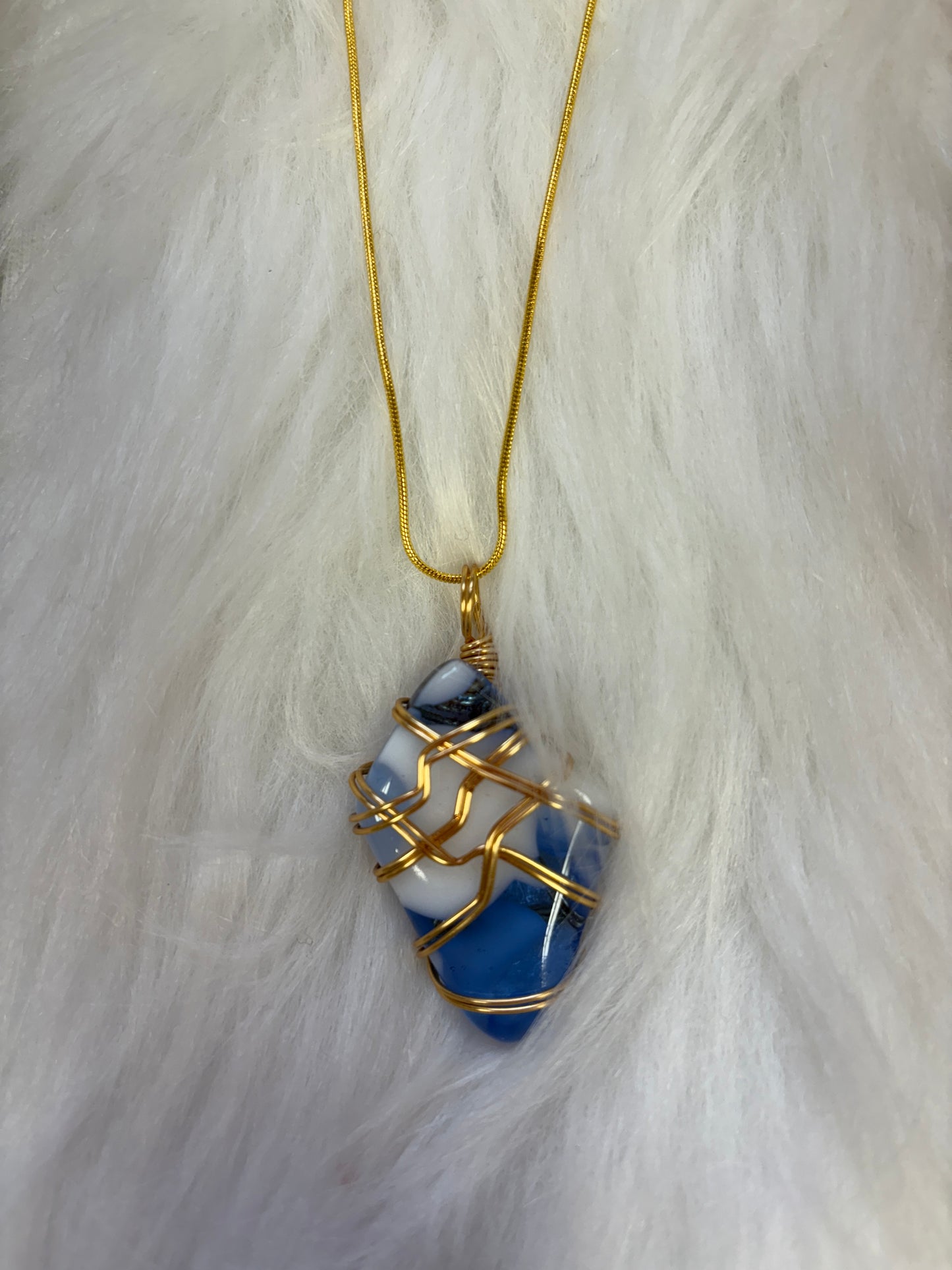 Fused Glass Wire Wrapped-blue and White diamon Shaped Pendant on a gold Chain Necklace (Copy)
