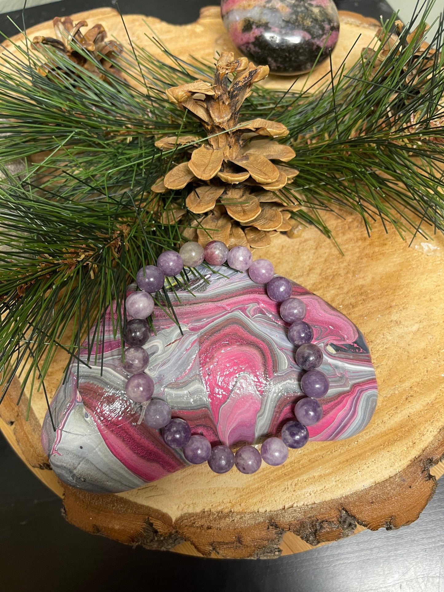 Purple Lepidolite Beaded Elastic Bracelet; Natural Gemstones; perfect giftPink tiful of LOVE