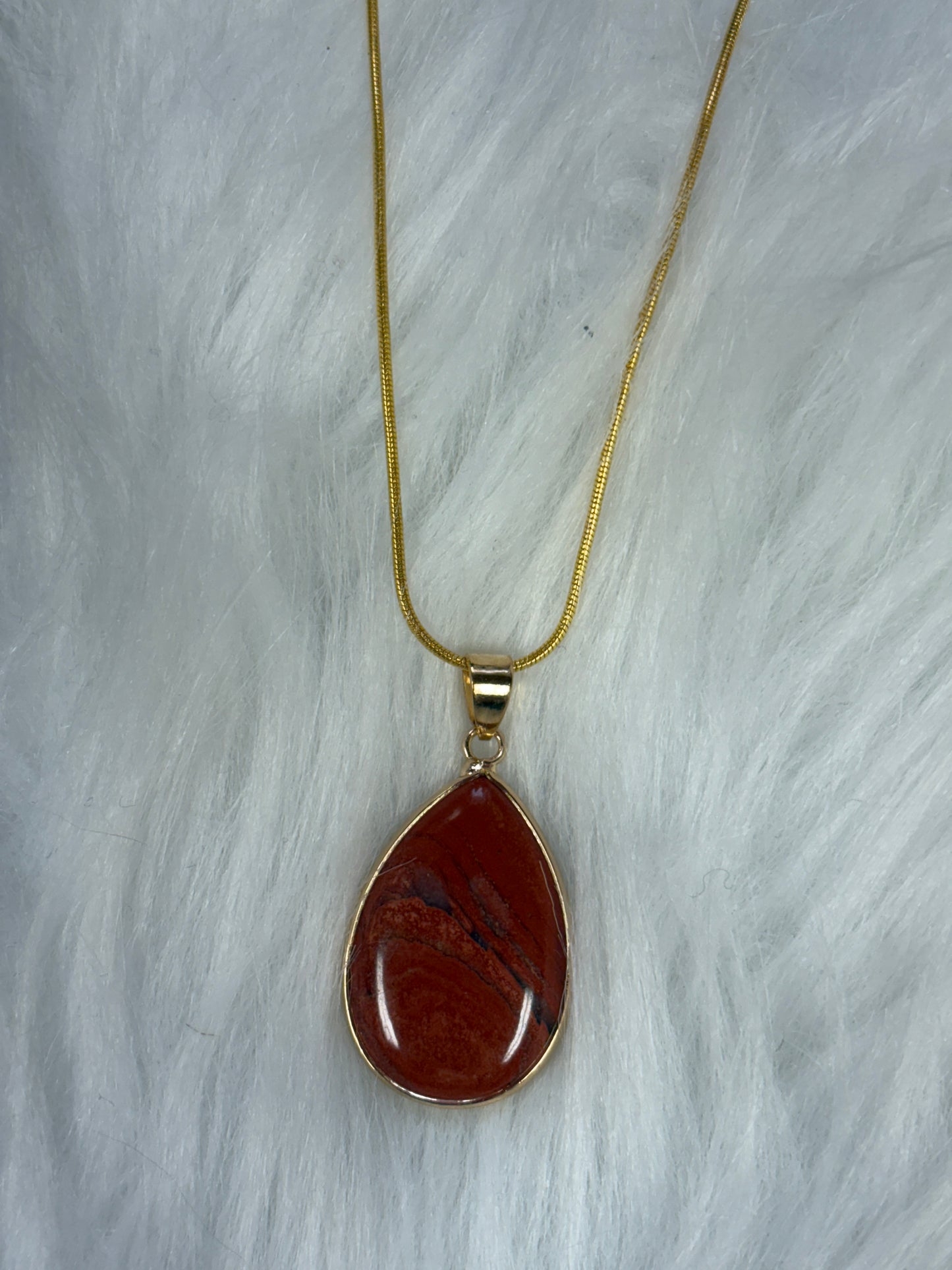 Red Brecciated Jasper Teardrop Pendant on a Gold chain Necklace