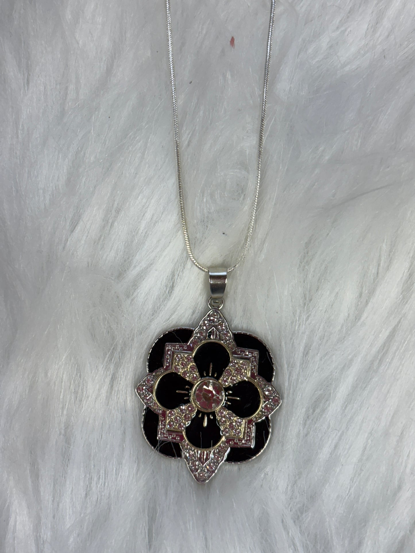 Layered Rhinestone Flower Pendant on a Silver chain Necklace