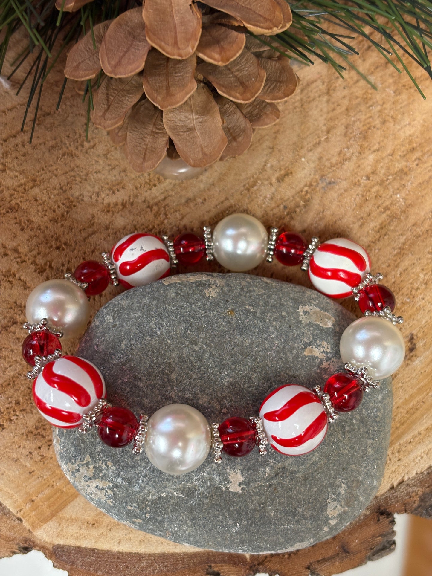 Festive Striped Christmas Beaded Stretch Bracelet
