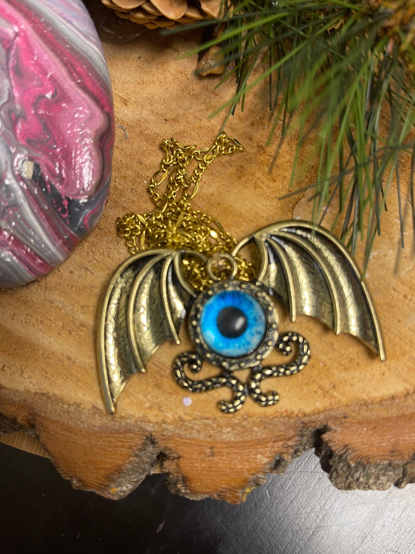 Bat Wing Pendant on a Oxidized Brass Finish Cable chain NecklacePink tiful of LOVE