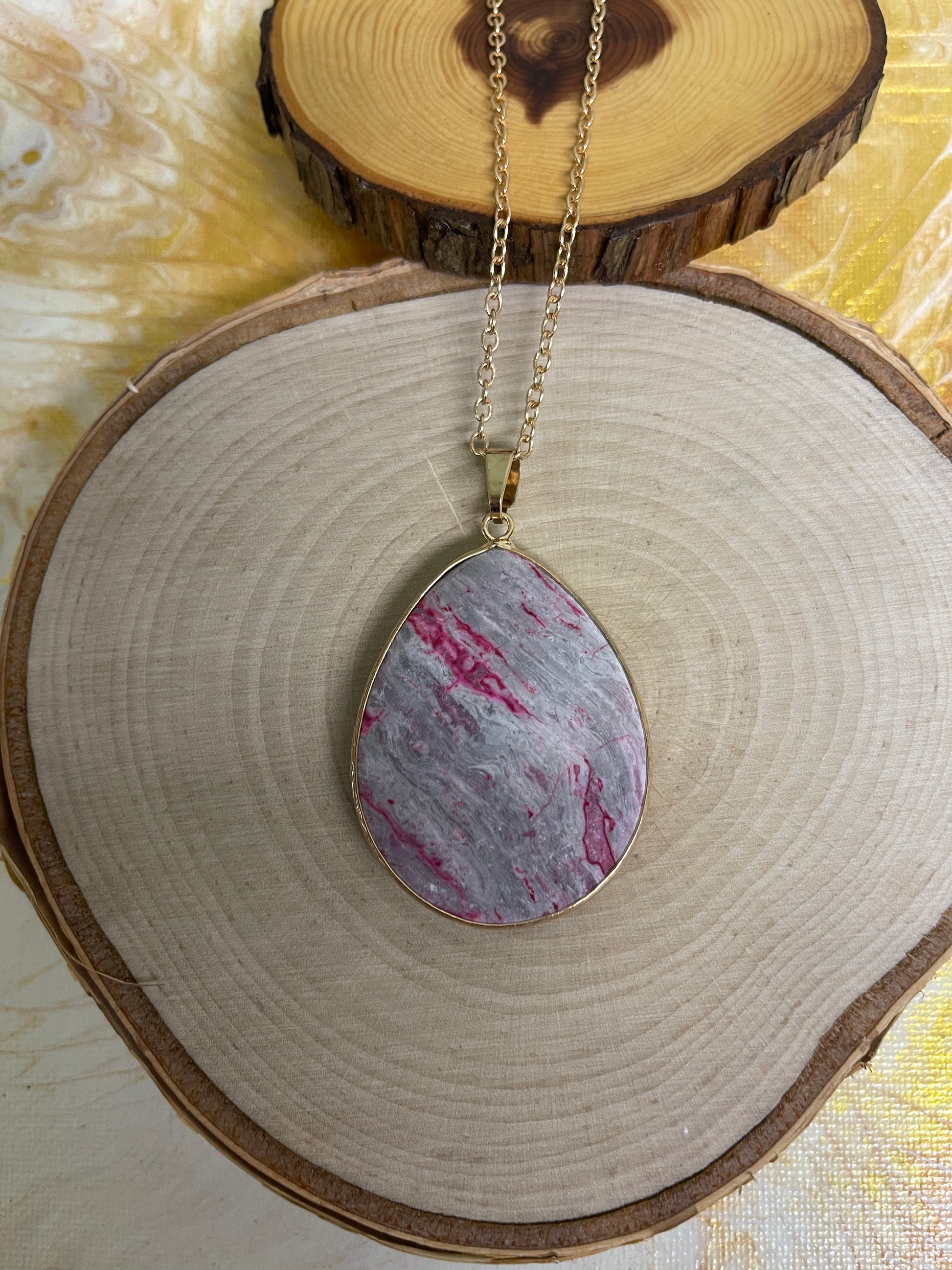 Pink &amp; Gray Map Stone Pendant on a Gold chain NecklacePink tiful of LOVE