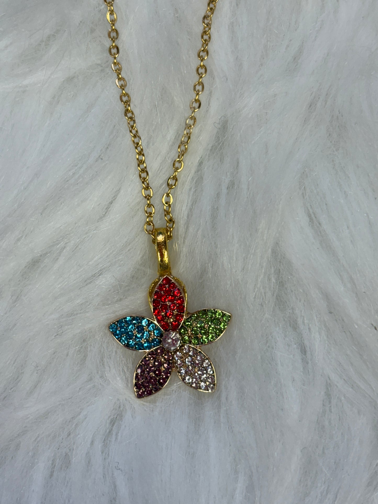 Plated Flower Rhinestone Pendant on a Gold Chain Necklace