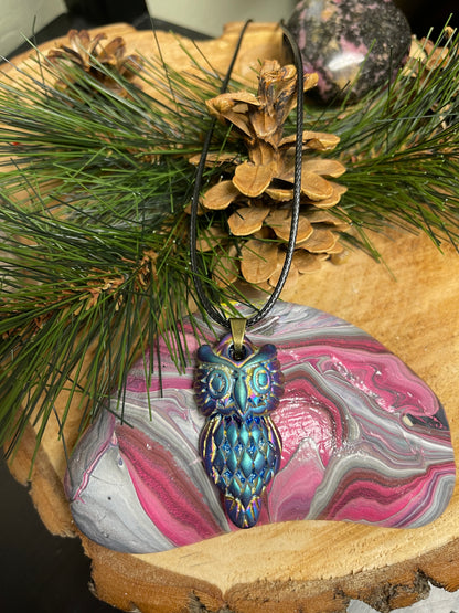 Iridescent OWL Pendant on a Black Cord NecklacePink tiful of LOVE