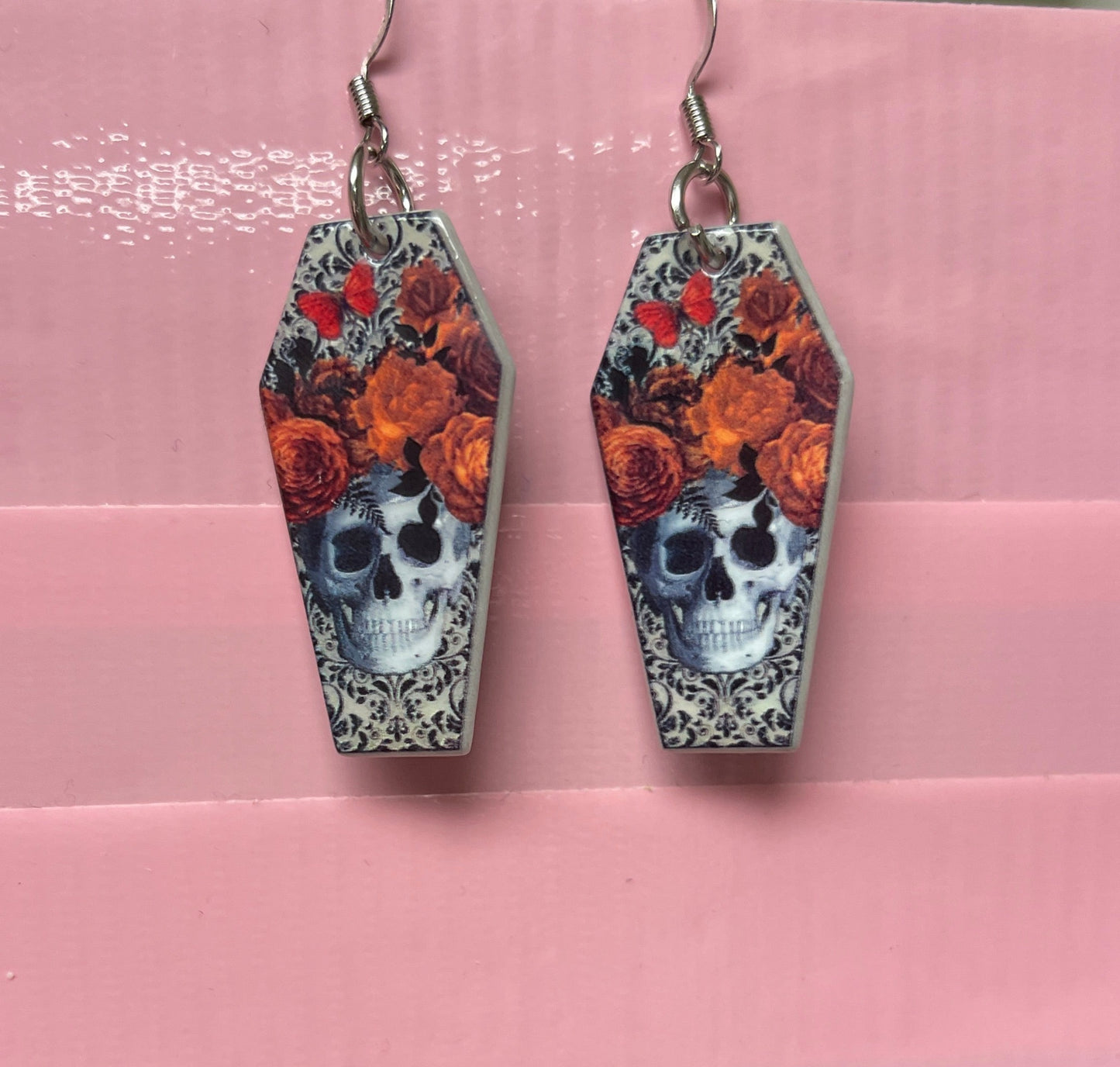 Coffin Skull Dia De Los Muertos Charm Wire EarringPink tiful of LOVE