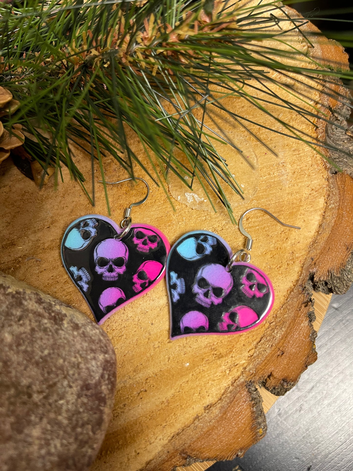 Punk Valentine's Day Heart with Skull Charm Wire EarringPink tiful of LOVE