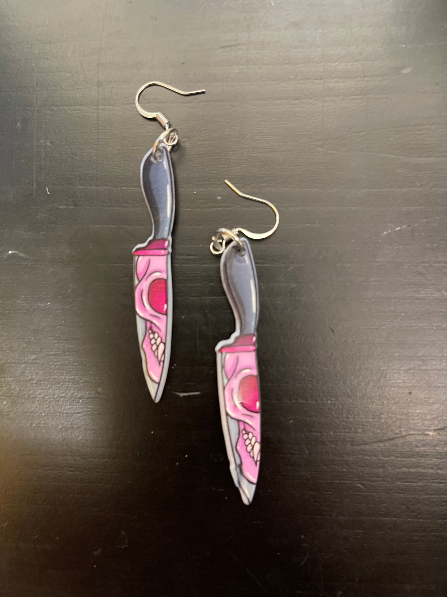 Black & Pink Knife with Skull Face Charm Wire EarringPink tiful of LOVE
