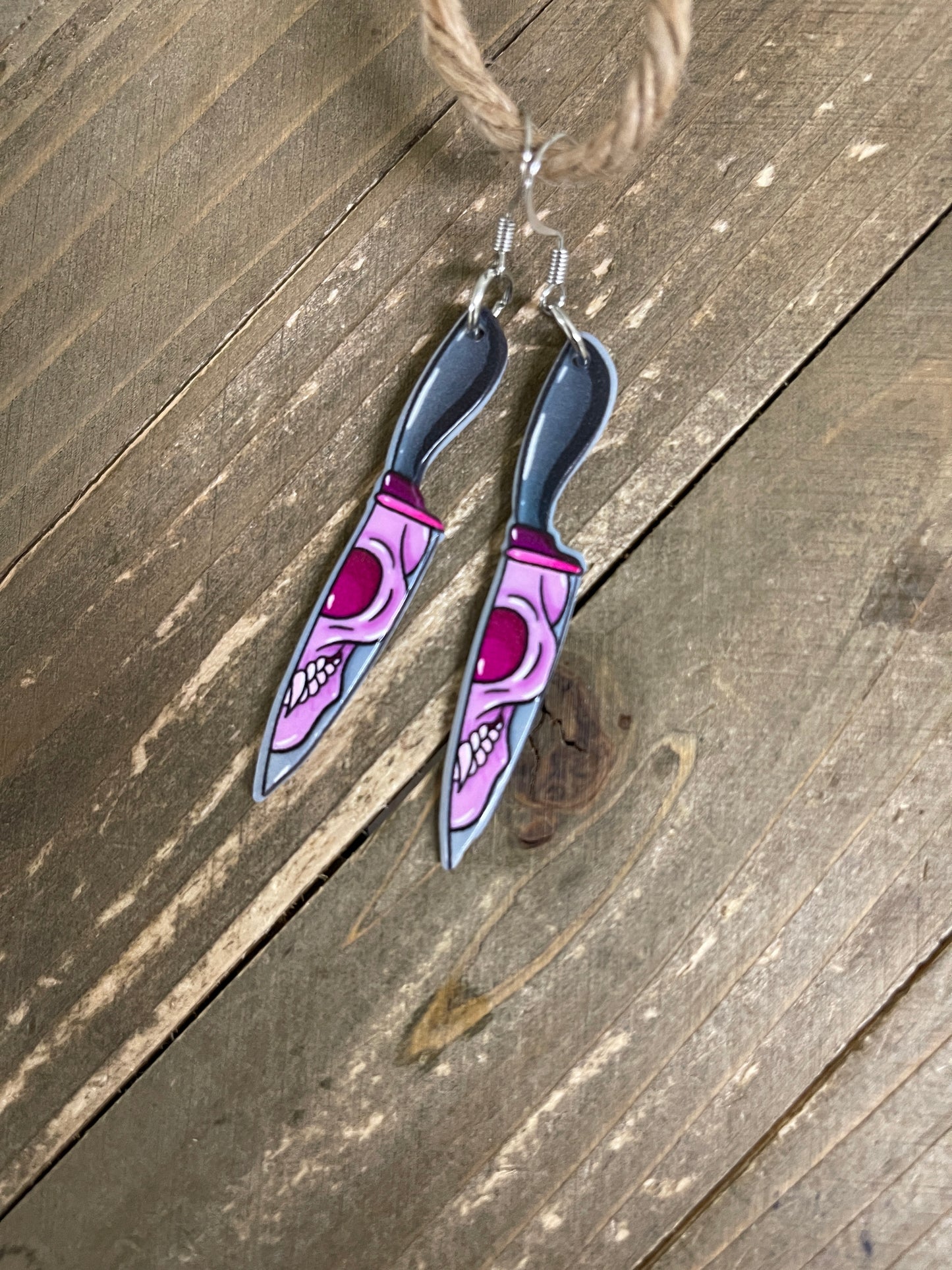 Black & Pink Knife with Skull Face Charm Wire EarringPink tiful of LOVE