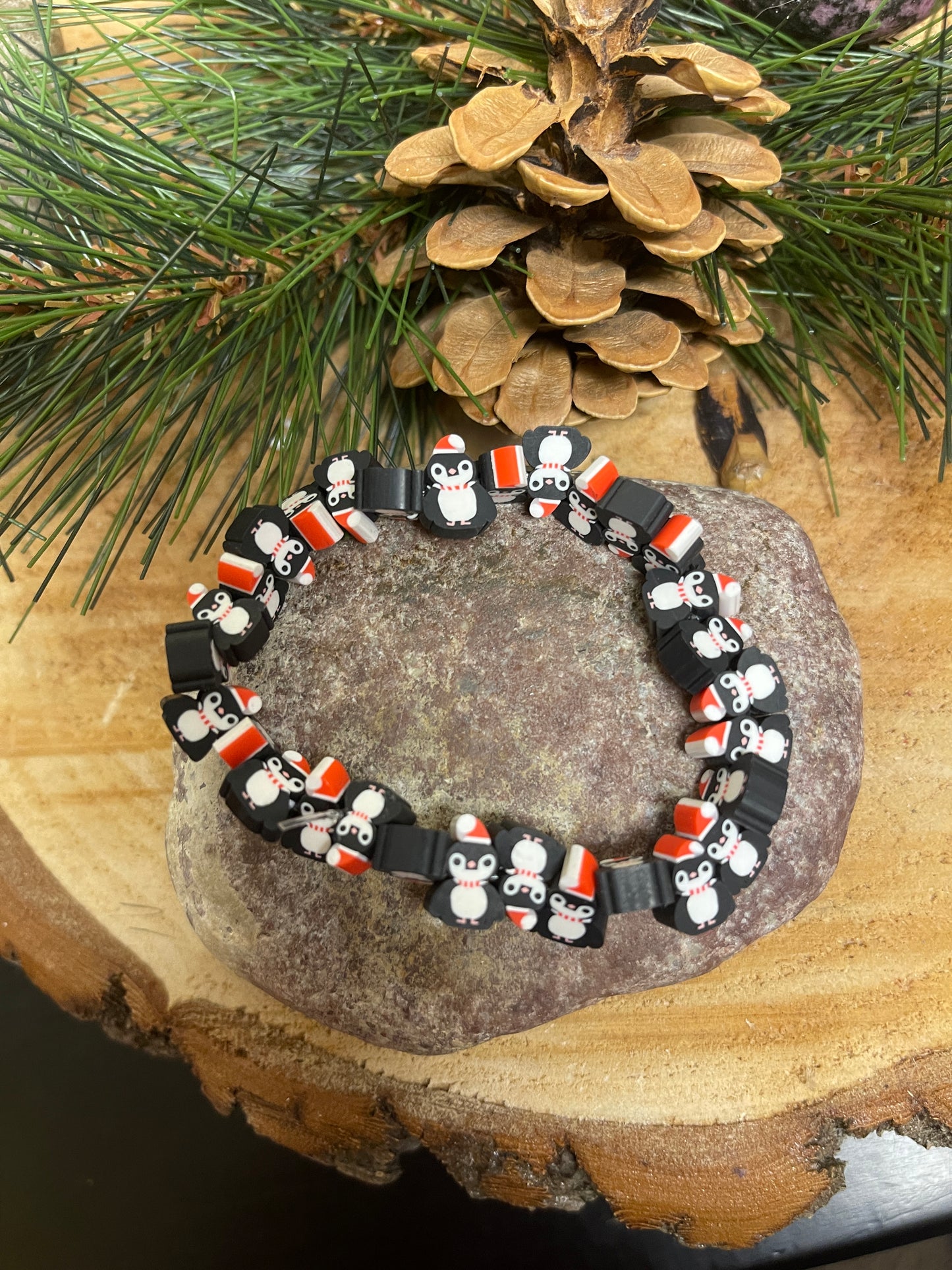 Santa Penguins Polymer Clay beaded Stretch braceletPink tiful of LOVE
