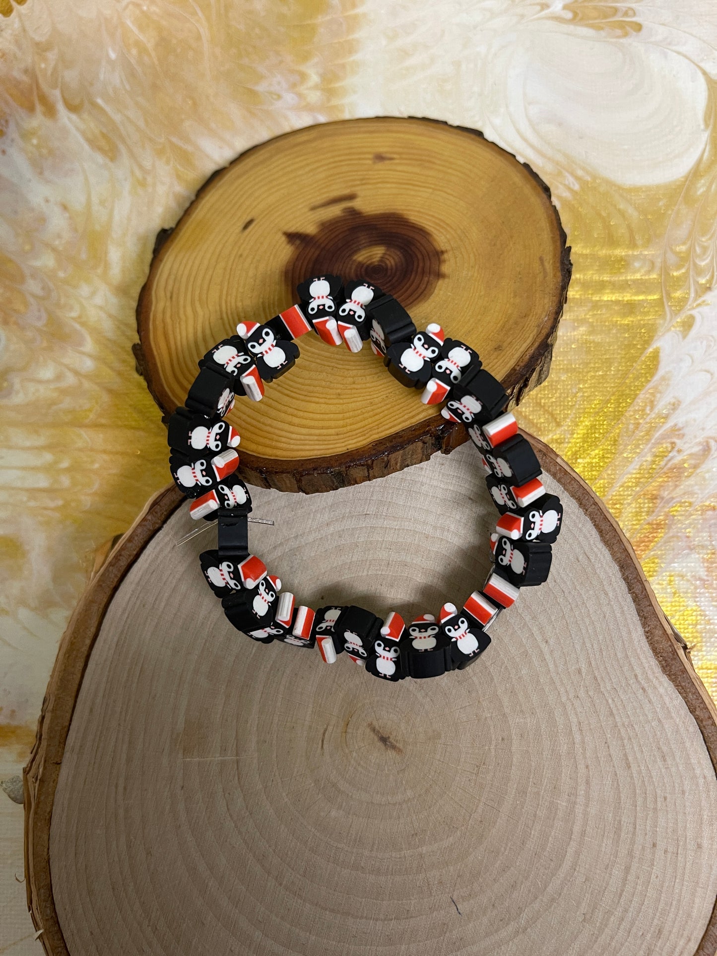 Santa Penguins Polymer Clay beaded Stretch braceletPink tiful of LOVE