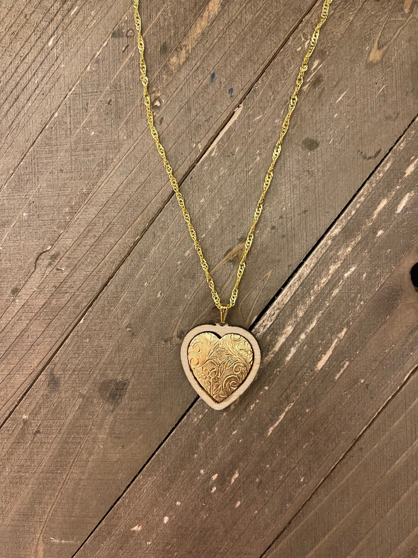 Wooden inlay brass Heart Pendant on a Gold chain NecklacePink tiful of LOVE