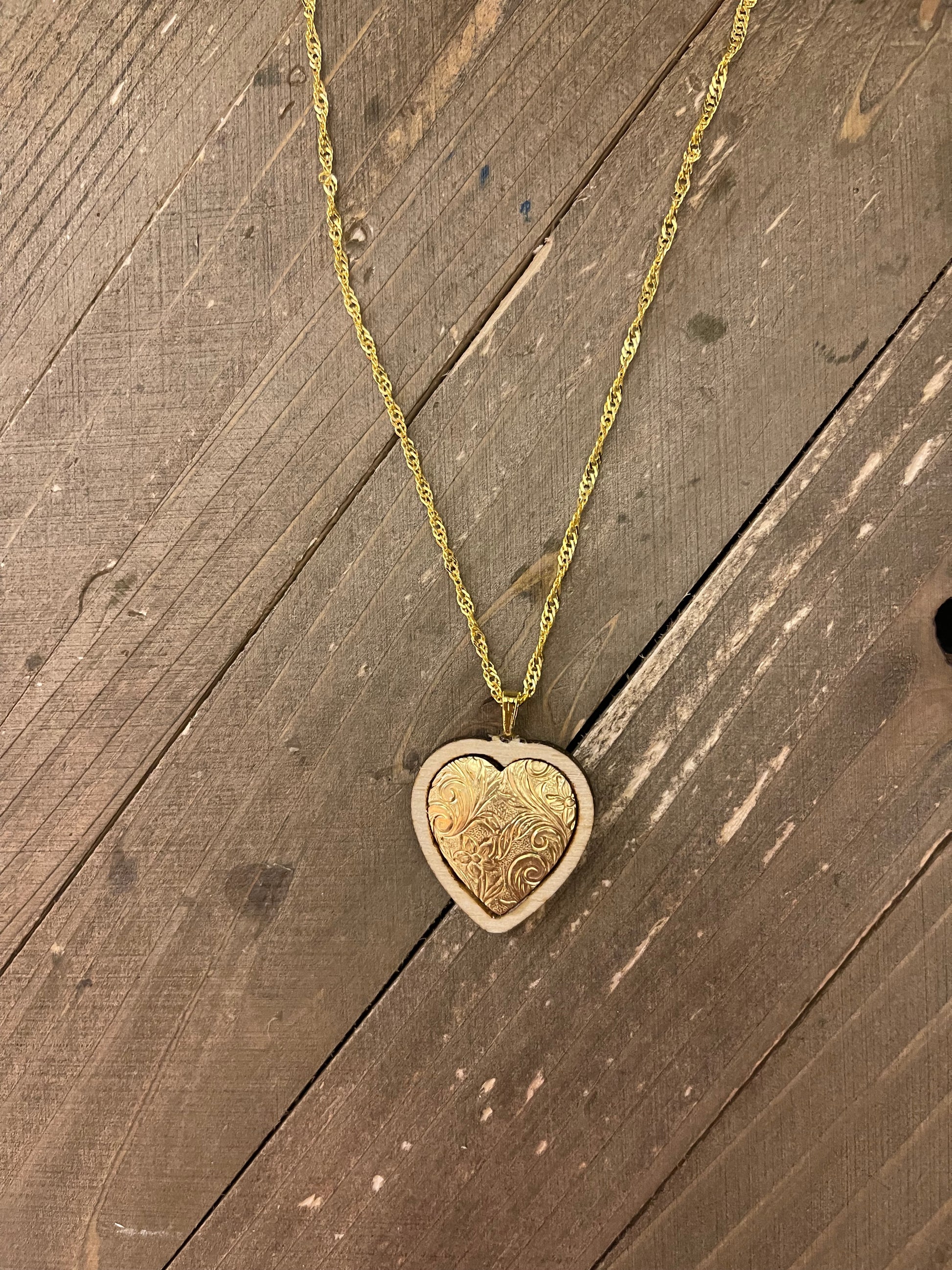 Wooden inlay brass Heart Pendant on a Gold chain NecklacePink tiful of LOVE