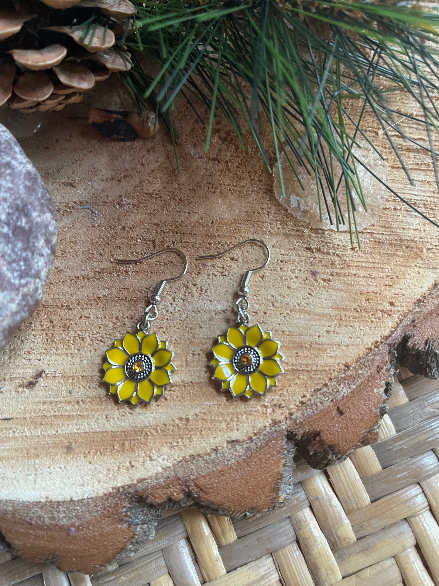 Yellow & Rhodium Sunflower charm Wire EarringPink tiful of LOVE