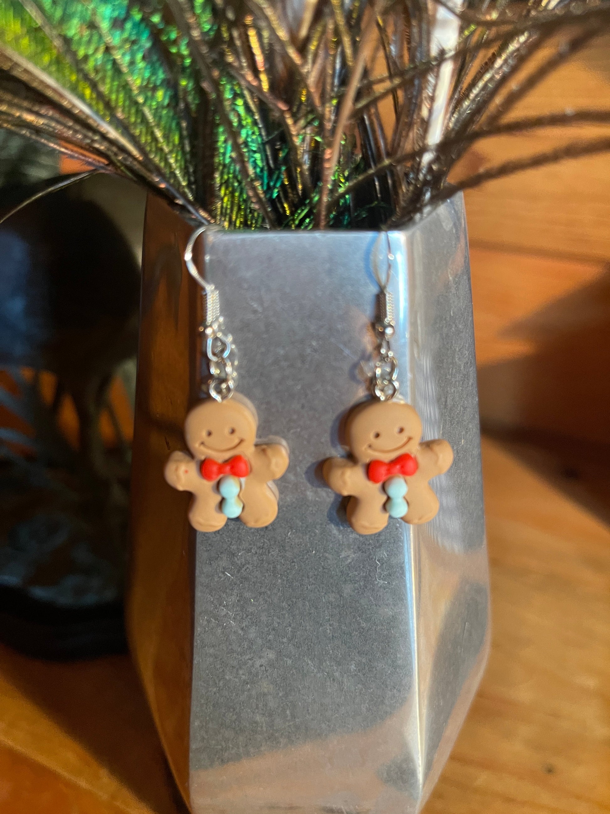 Gingerbread Man with red bow and blue buttons Wire  EarringsPink tiful of LOVE