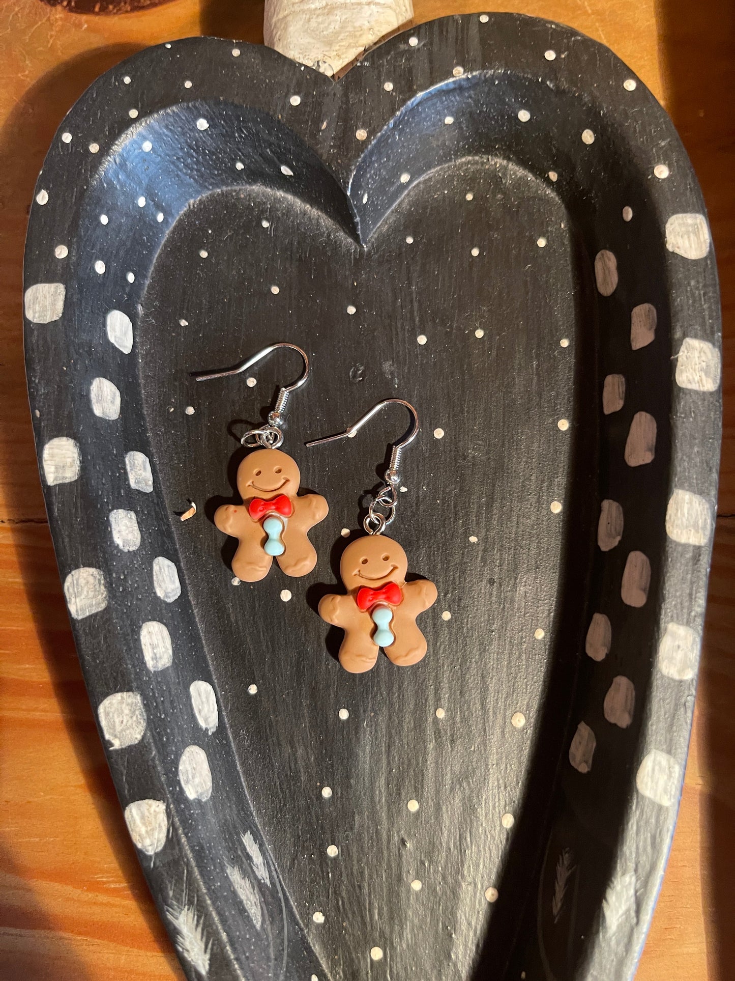 Gingerbread Man with red bow and blue buttons Wire  EarringsPink tiful of LOVE