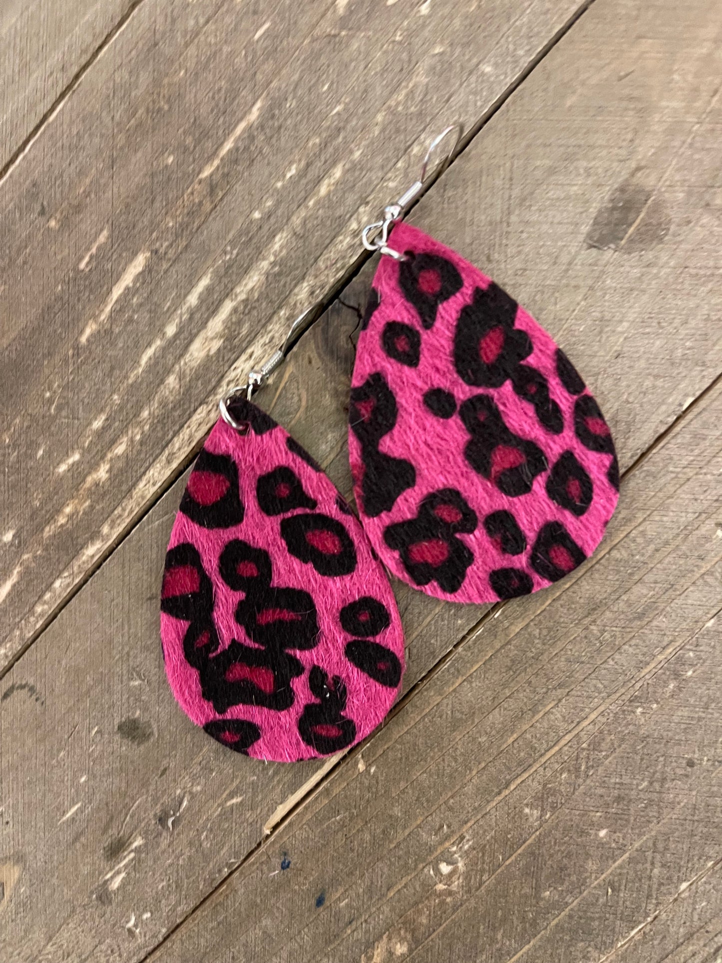 Pink Leopard Prints Faux Leather Teardrop wire earringsPink tiful of LOVE