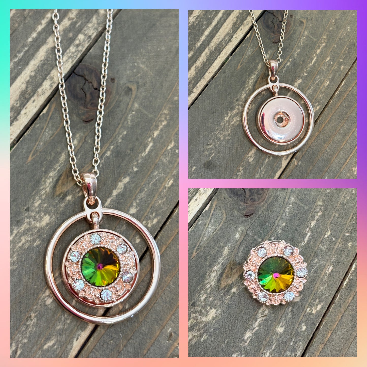 🌹✨ Rose Gold Snap Necklace with Crystal Rainbow Snap Set