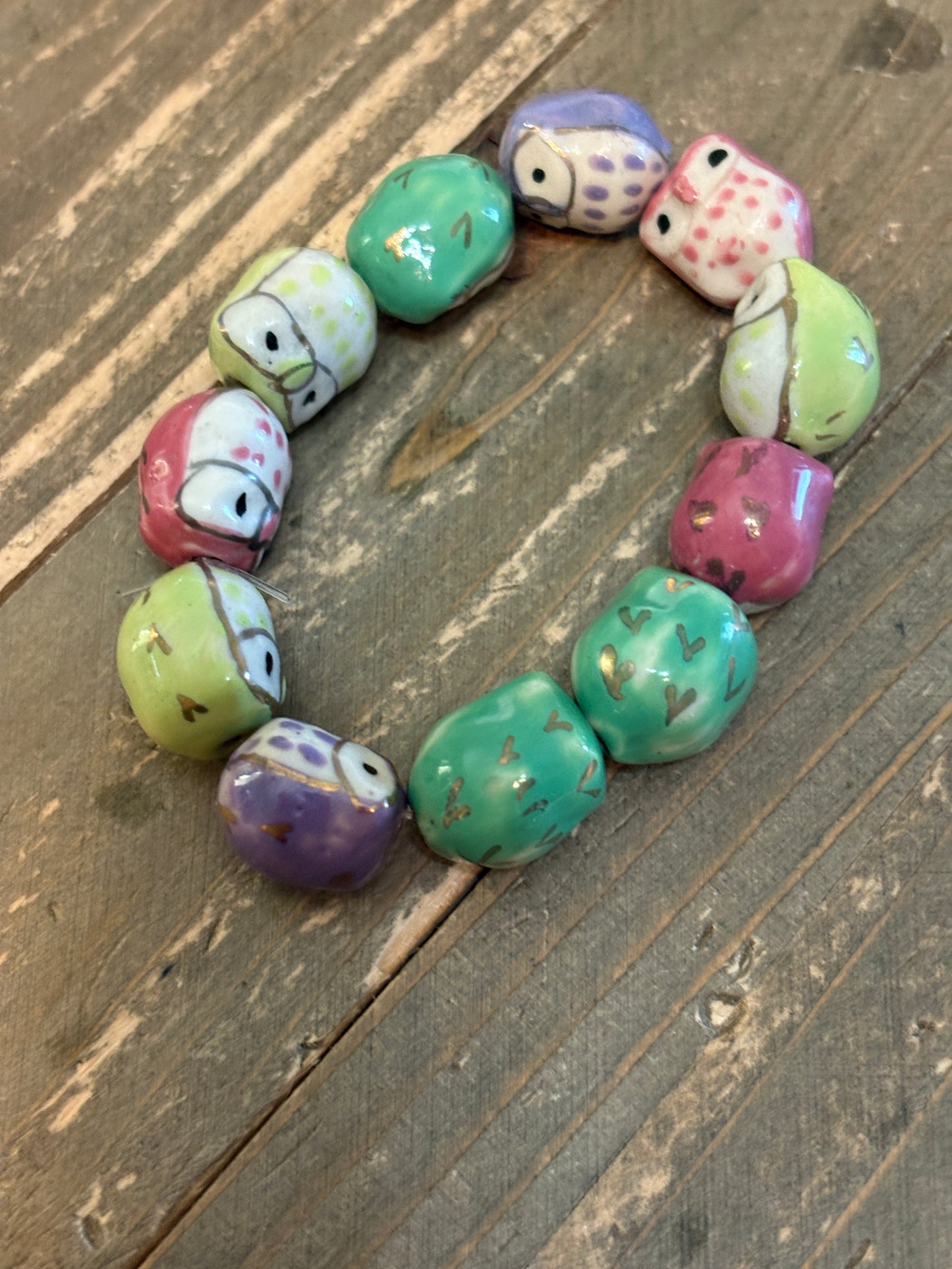 🦉 Multicolour Ceramic Owl Beaded Stretch Bracelet
