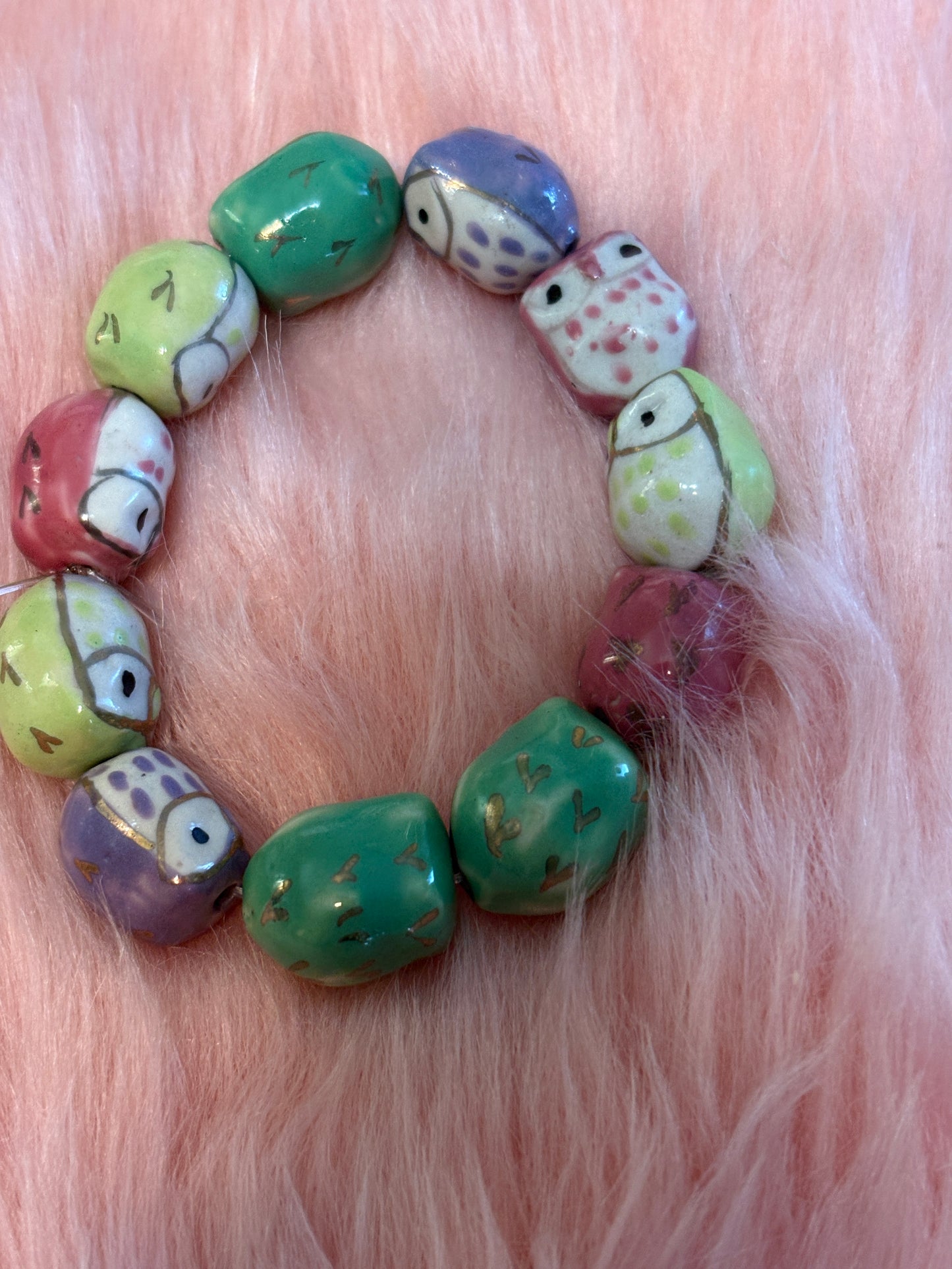 🦉 Multicolour Ceramic Owl Beaded Stretch Bracelet